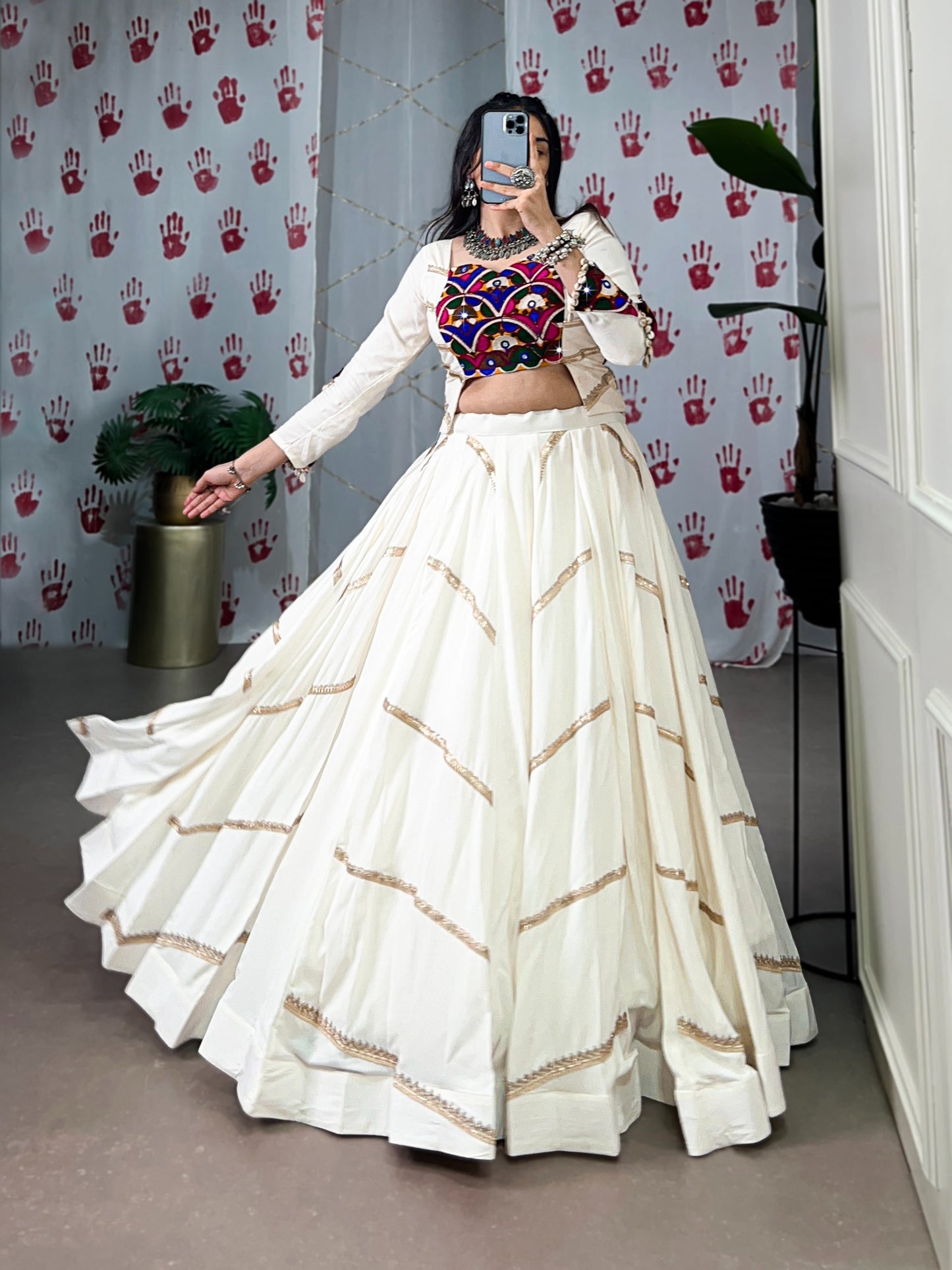 Women's Lehenga in Ivory White Pure Rayon with Mirror Gamthi Work