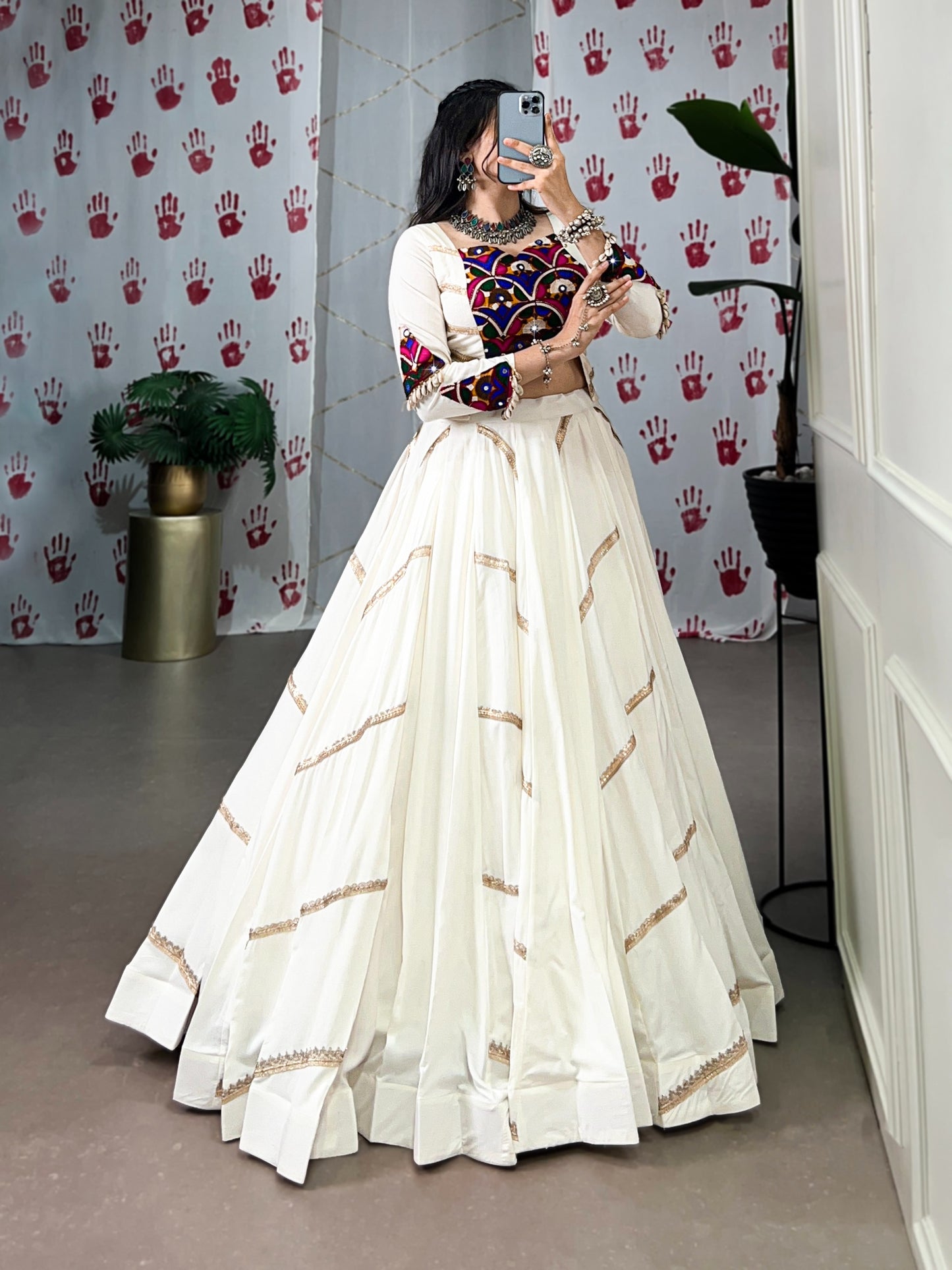 Women's Lehenga in Ivory White Pure Rayon with Mirror Gamthi Work