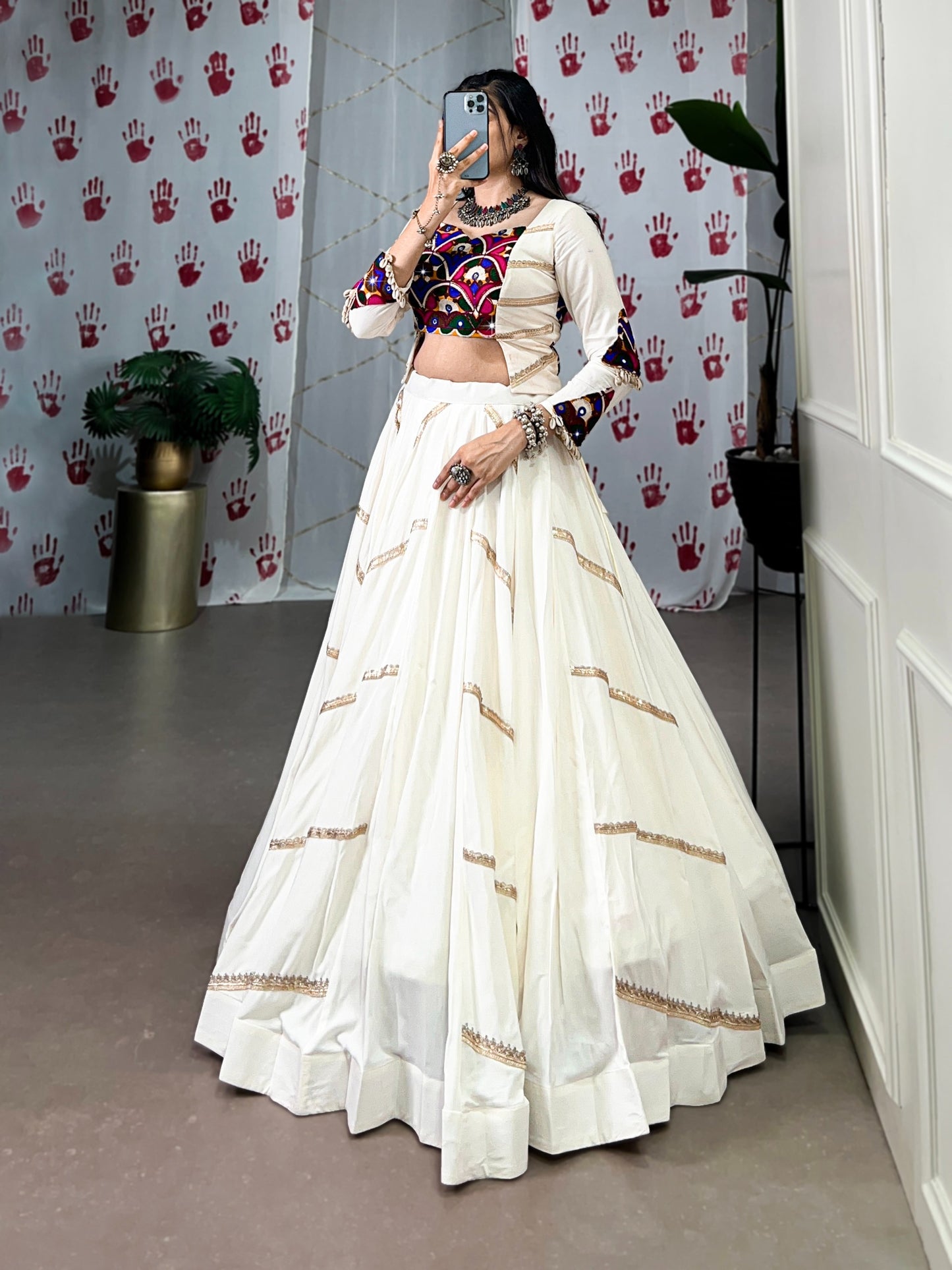 Women's Lehenga in Ivory White Pure Rayon with Mirror Gamthi Work