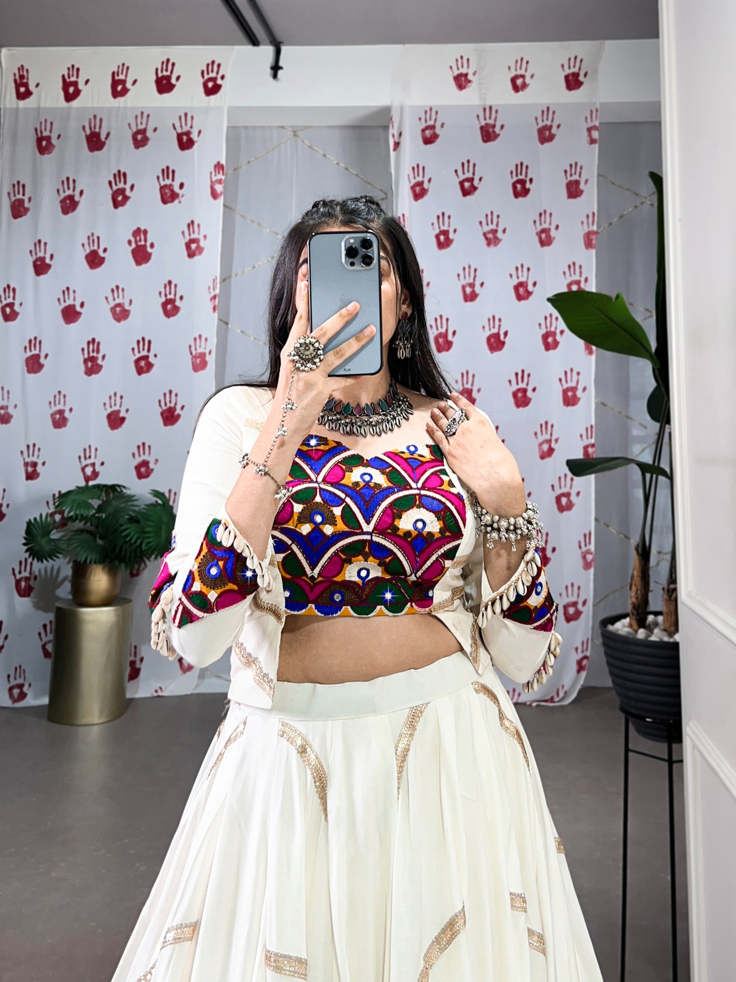 Women's Lehenga in Ivory White Pure Rayon with Mirror Gamthi Work
