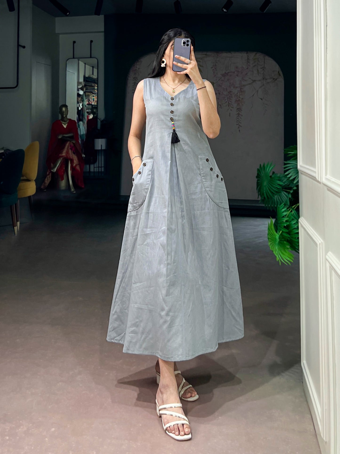 Women's A-Line Kurti in Light Grey Khadi Cotton with Wooden Button Detailing