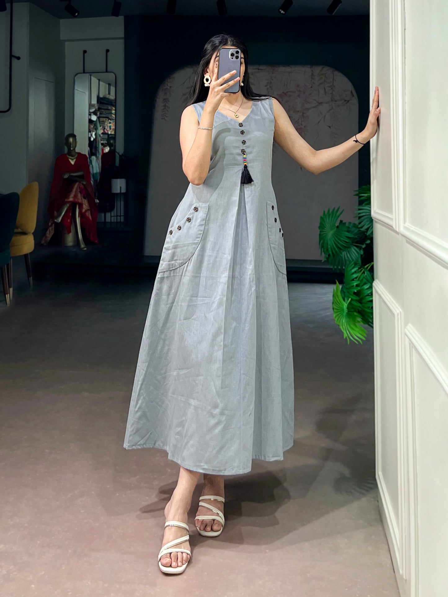 Women's A-Line Kurti in Light Grey Khadi Cotton with Wooden Button Detailing