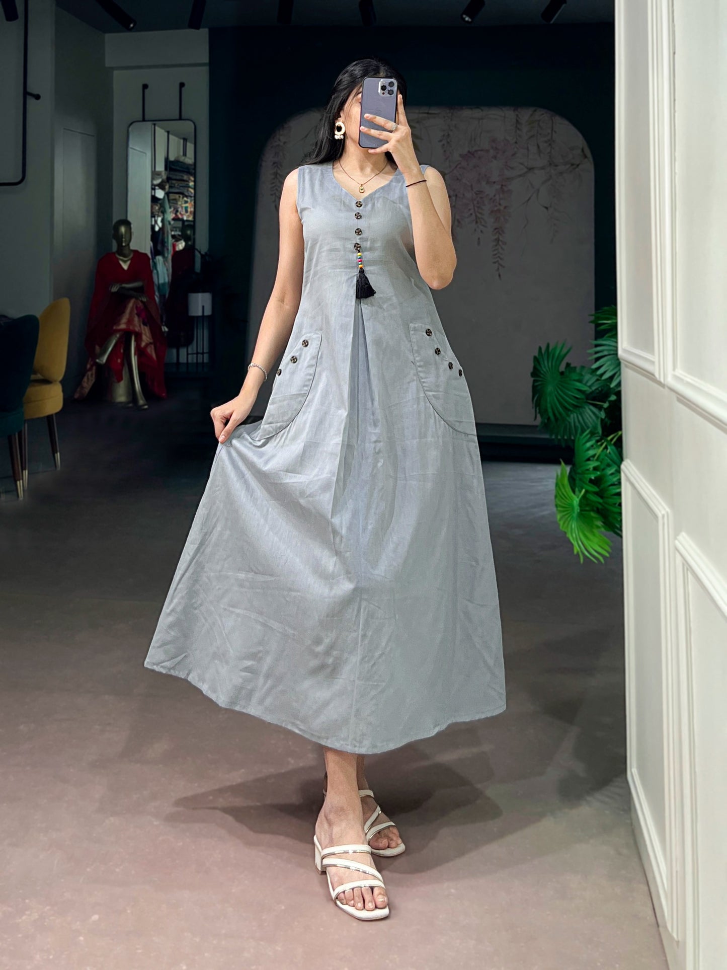 Women's A-Line Kurti in Light Grey Khadi Cotton with Wooden Button Detailing