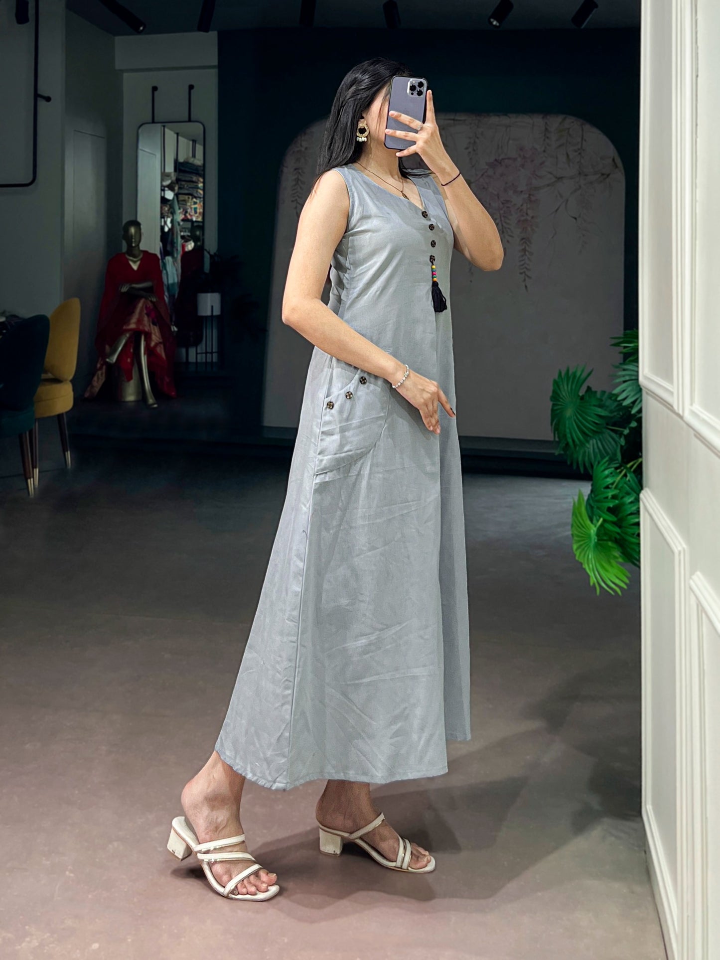 Women's A-Line Kurti in Light Grey Khadi Cotton with Wooden Button Detailing