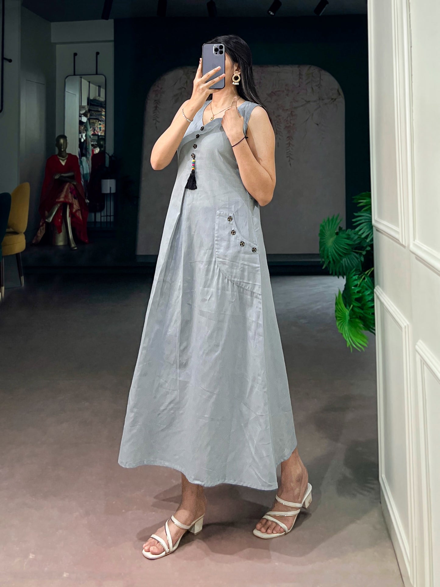 Women's A-Line Kurti in Light Grey Khadi Cotton with Wooden Button Detailing