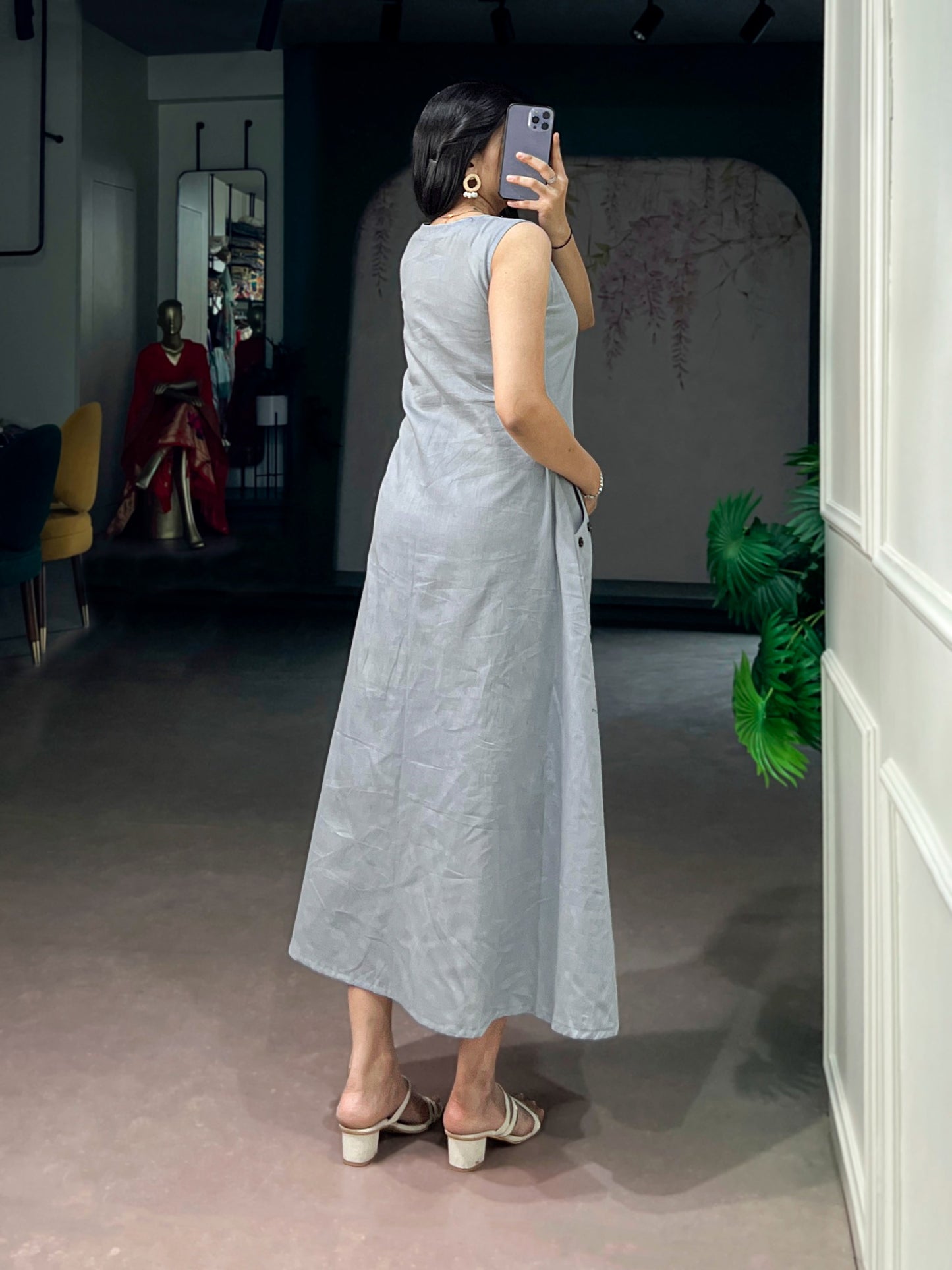 Women's A-Line Kurti in Light Grey Khadi Cotton with Wooden Button Detailing