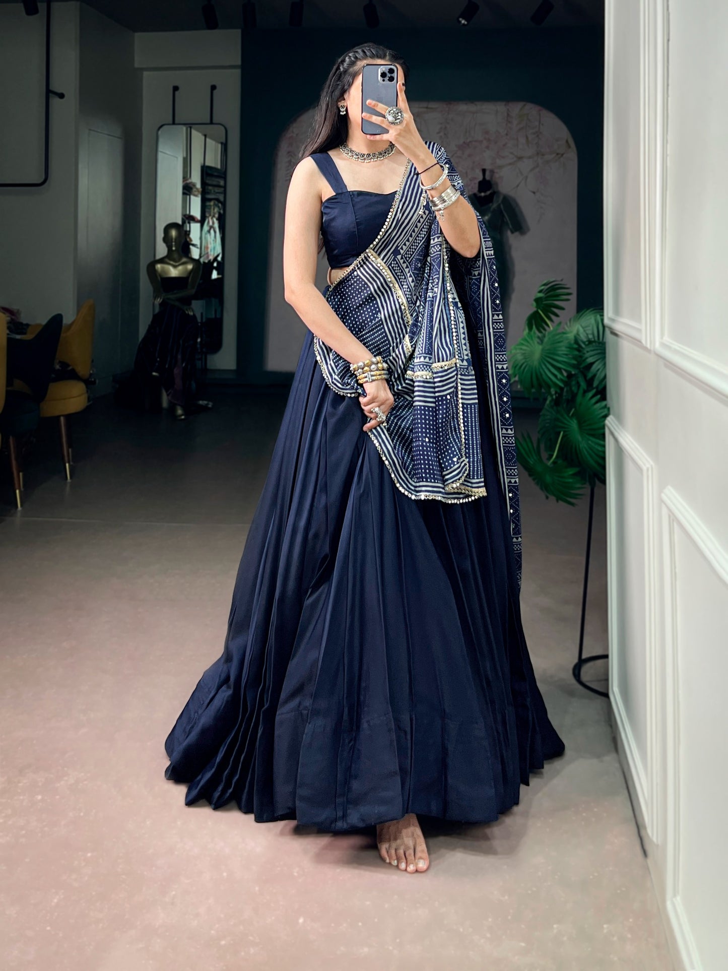 Women's Lehenga Choli in Navy Blue Moonga Silk with Printed Satin Dupatta