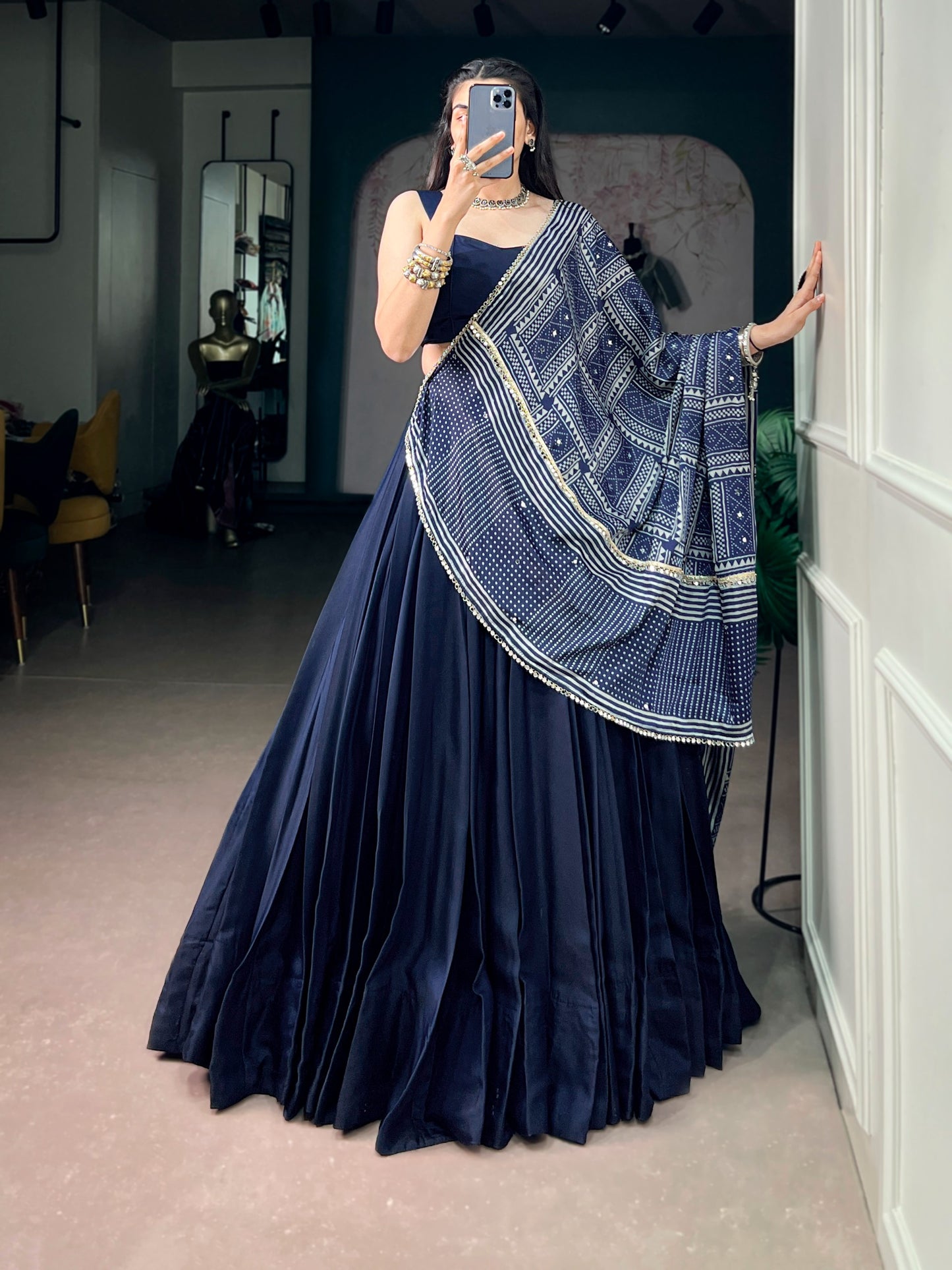 Women's Lehenga Choli in Navy Blue Moonga Silk with Printed Satin Dupatta