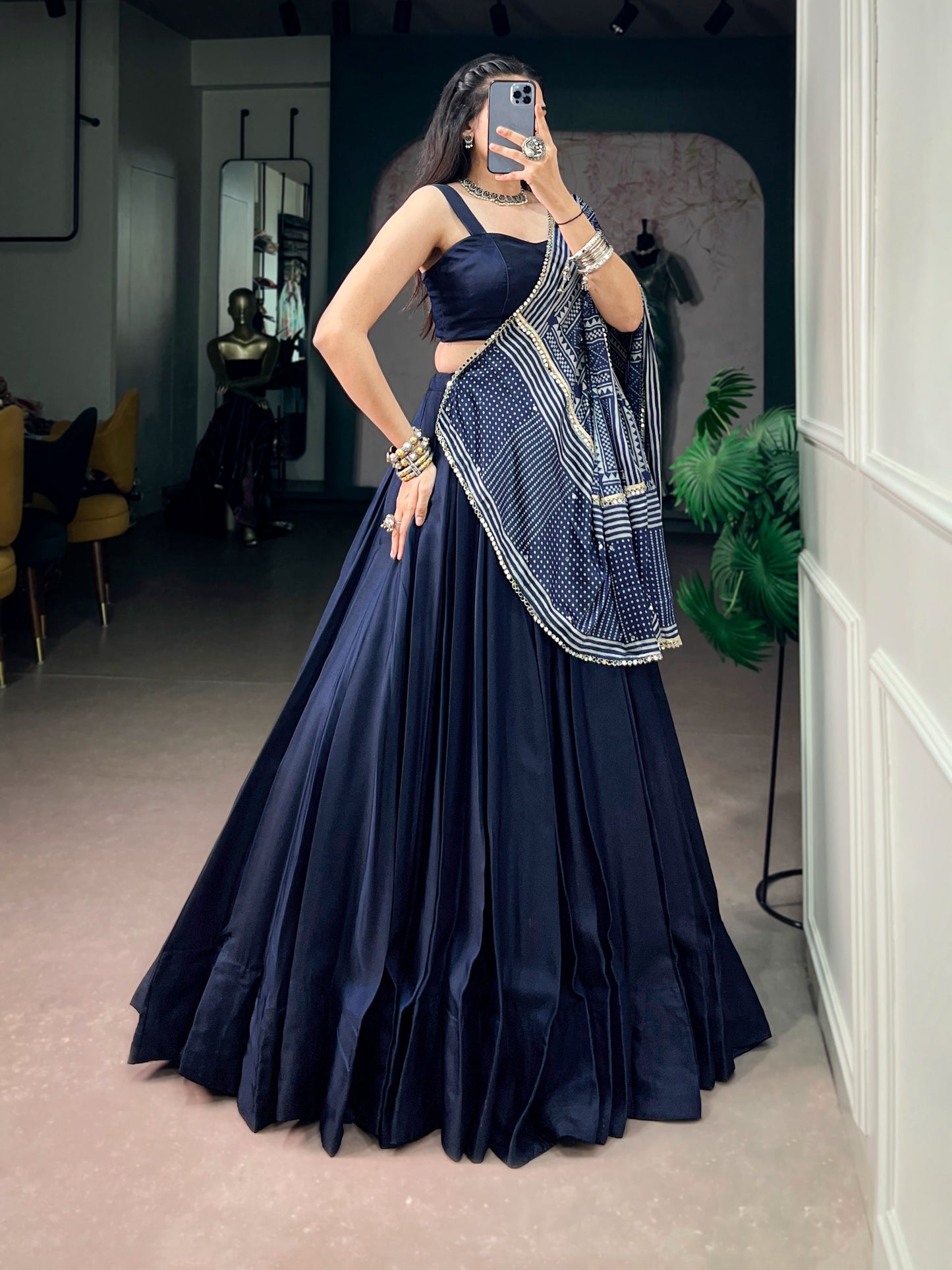 Women's Lehenga Choli in Navy Blue Moonga Silk with Printed Satin Dupatta