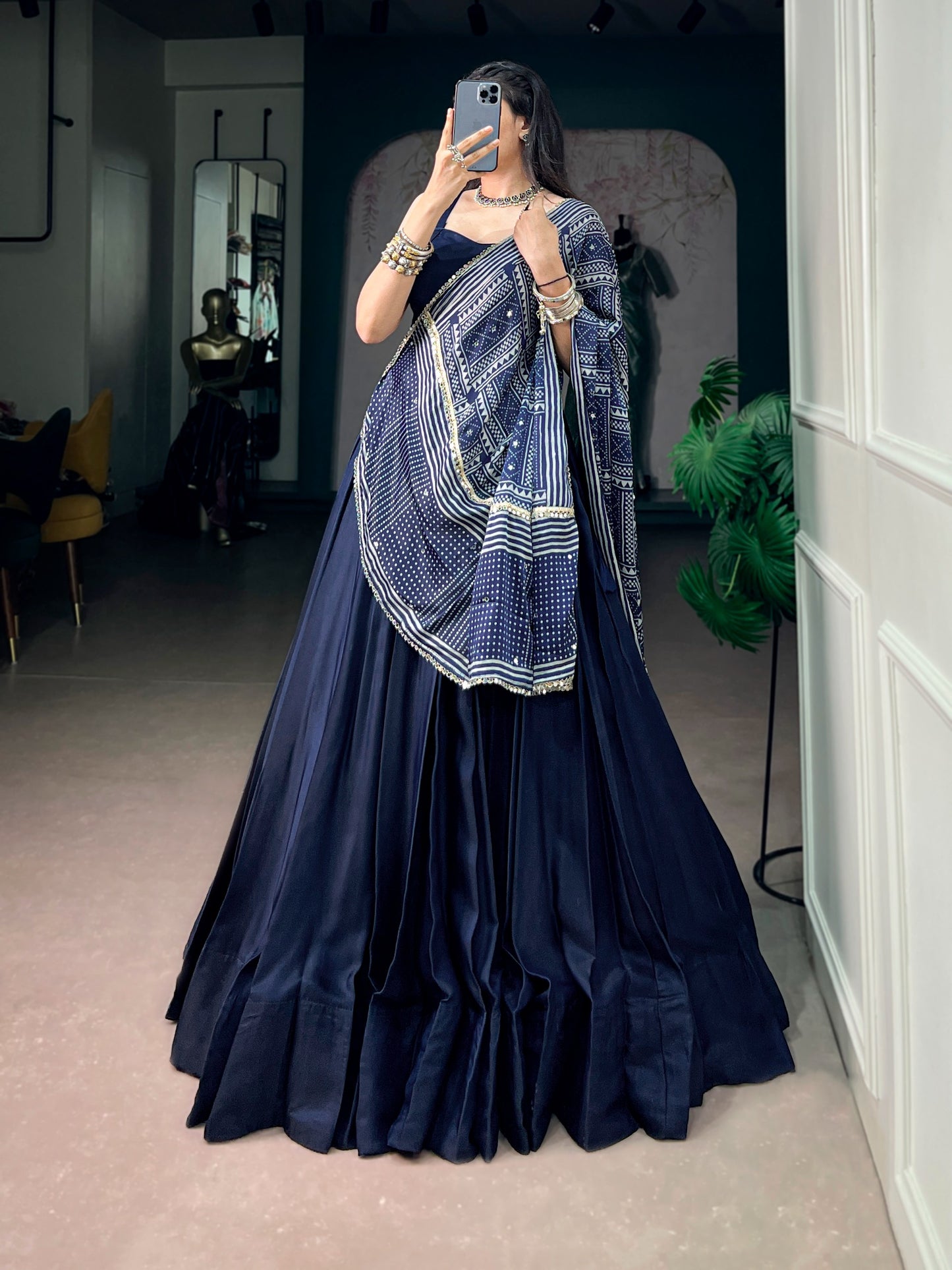 Women's Lehenga Choli in Navy Blue Moonga Silk with Printed Satin Dupatta