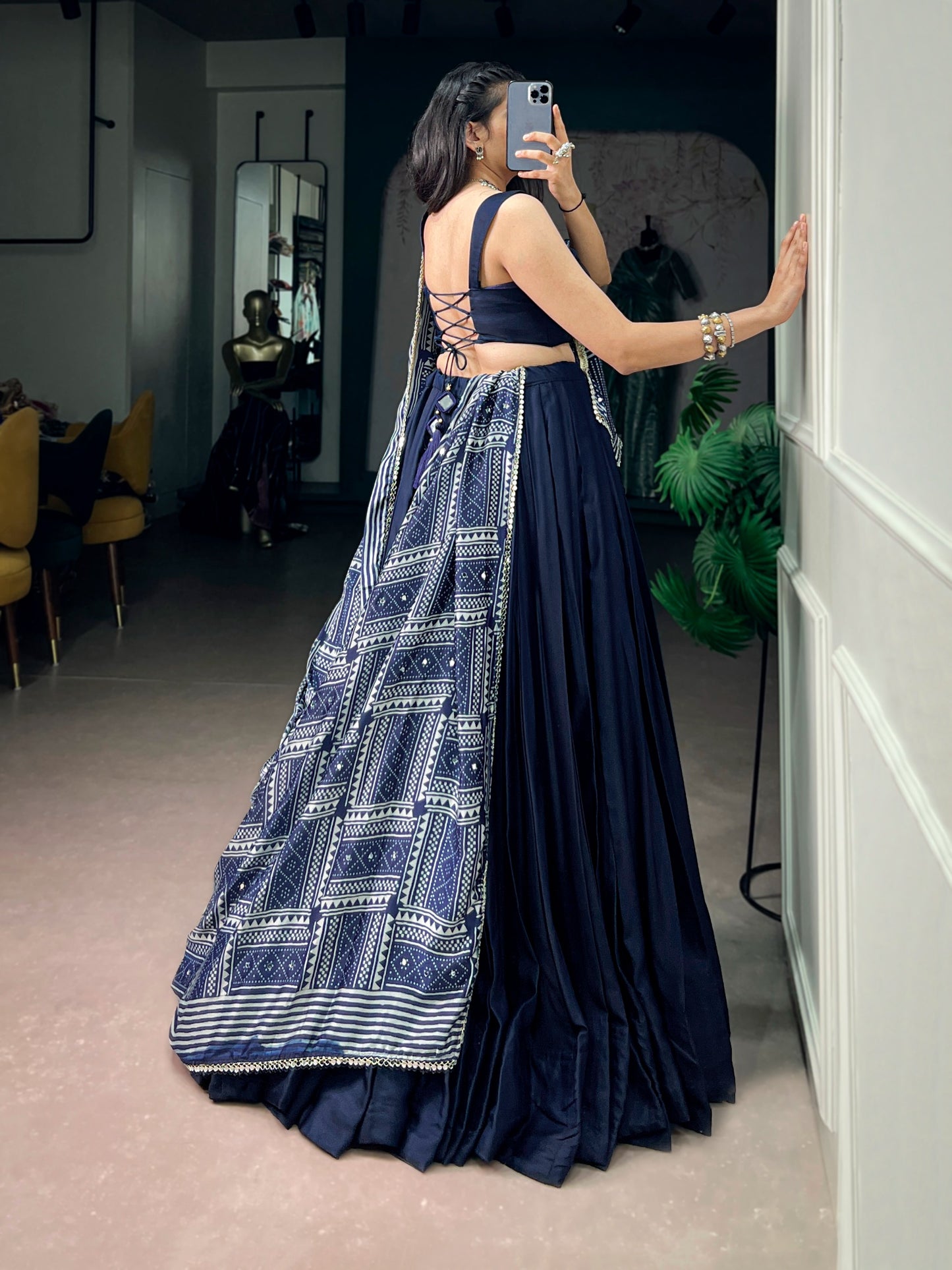 Women's Lehenga Choli in Navy Blue Moonga Silk with Printed Satin Dupatta