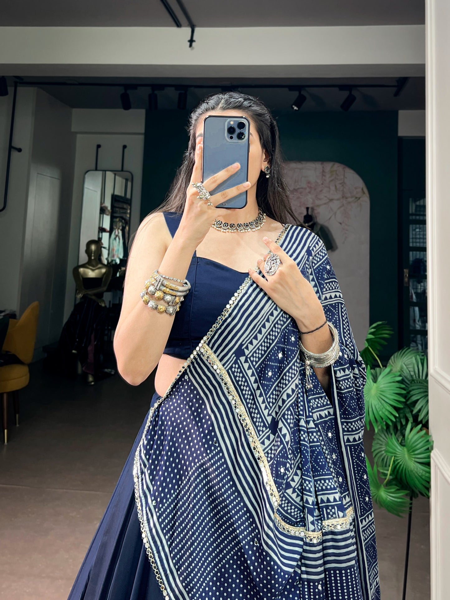 Women's Lehenga Choli in Navy Blue Moonga Silk with Printed Satin Dupatta