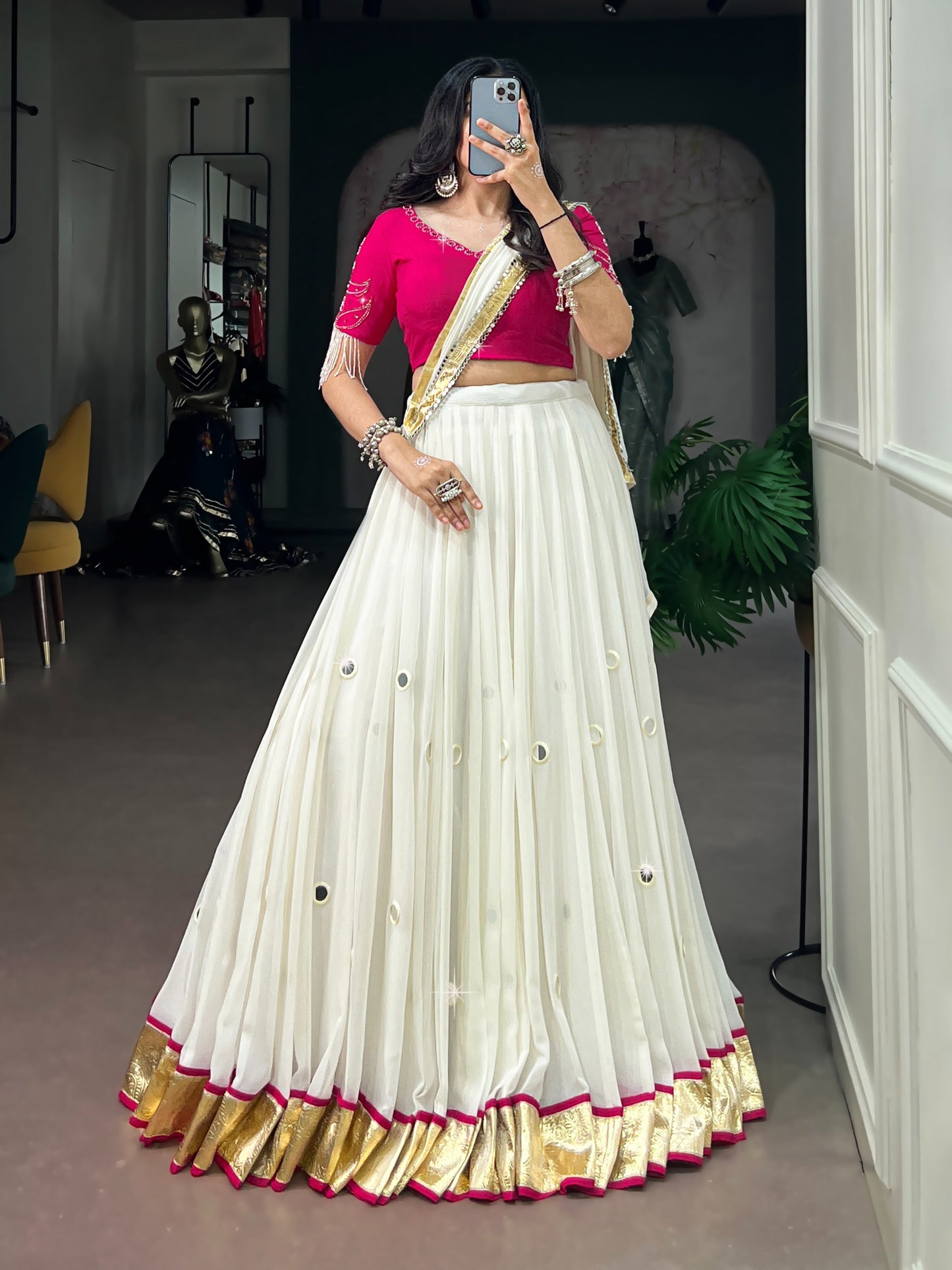 Women's Lehenga Choli in Off White Lightweight Fabric with Real Mirror Work
