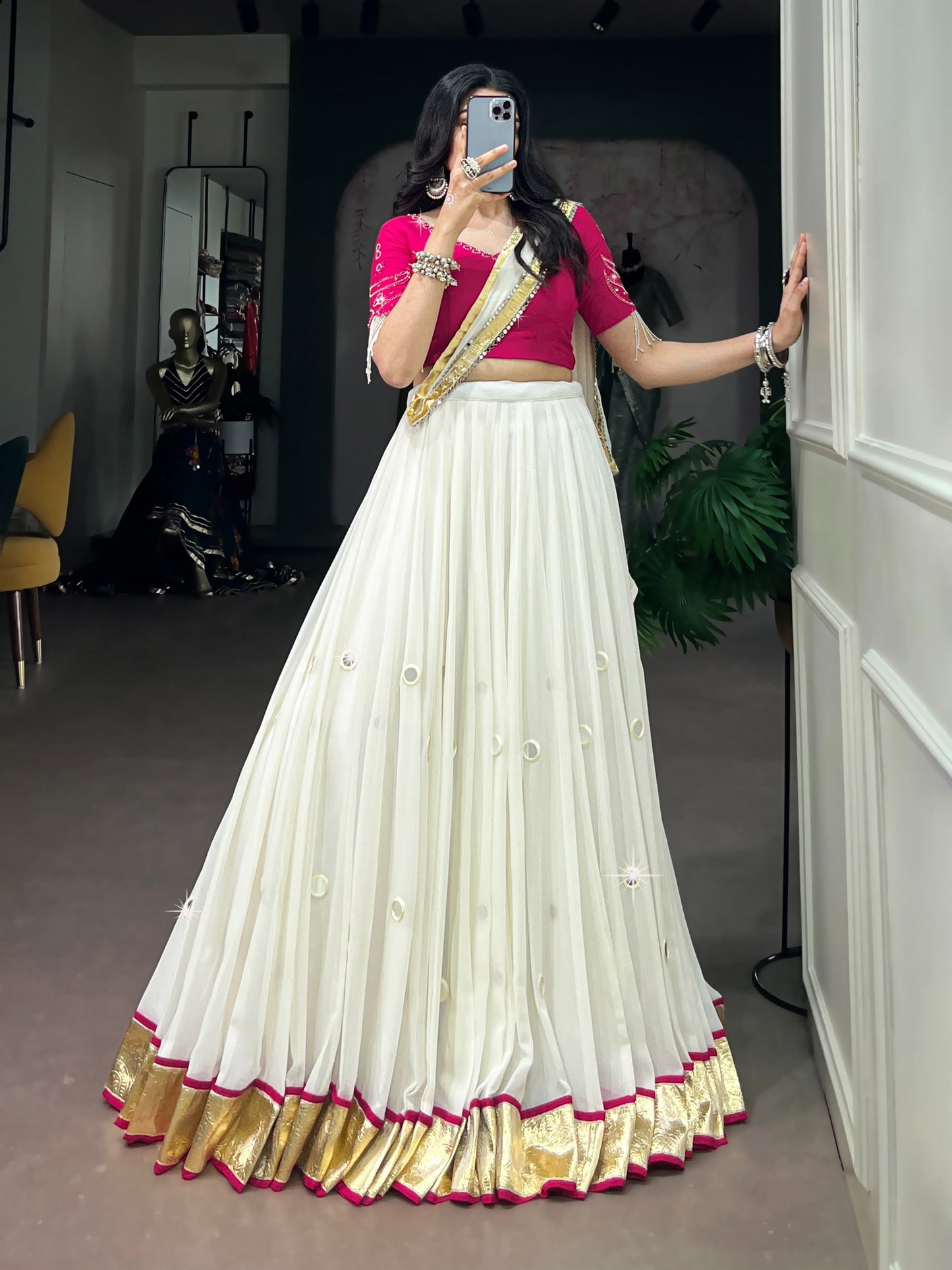 Women's Lehenga Choli in Off White Lightweight Fabric with Real Mirror Work