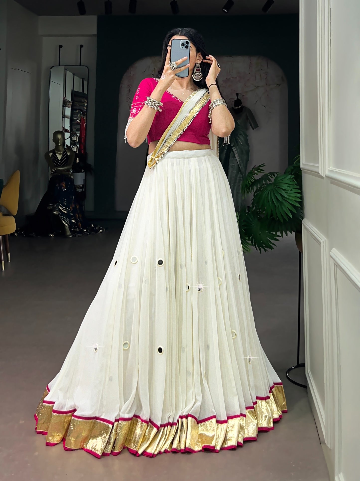 Women's Lehenga Choli in Off White Lightweight Fabric with Real Mirror Work