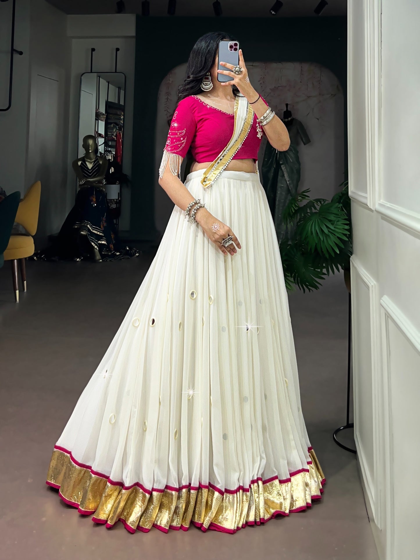 Women's Lehenga Choli in Off White Lightweight Fabric with Real Mirror Work