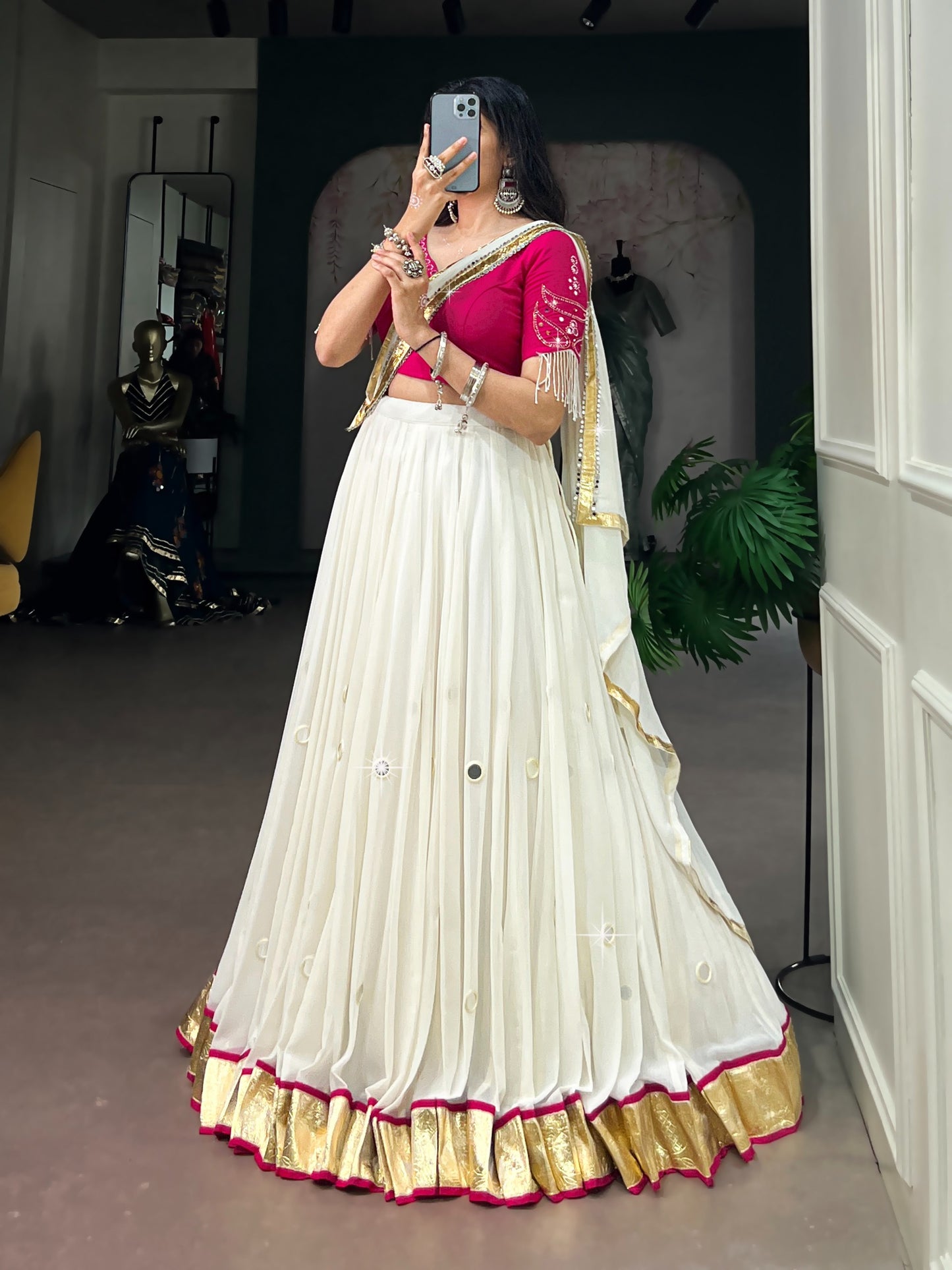 Women's Lehenga Choli in Off White Lightweight Fabric with Real Mirror Work