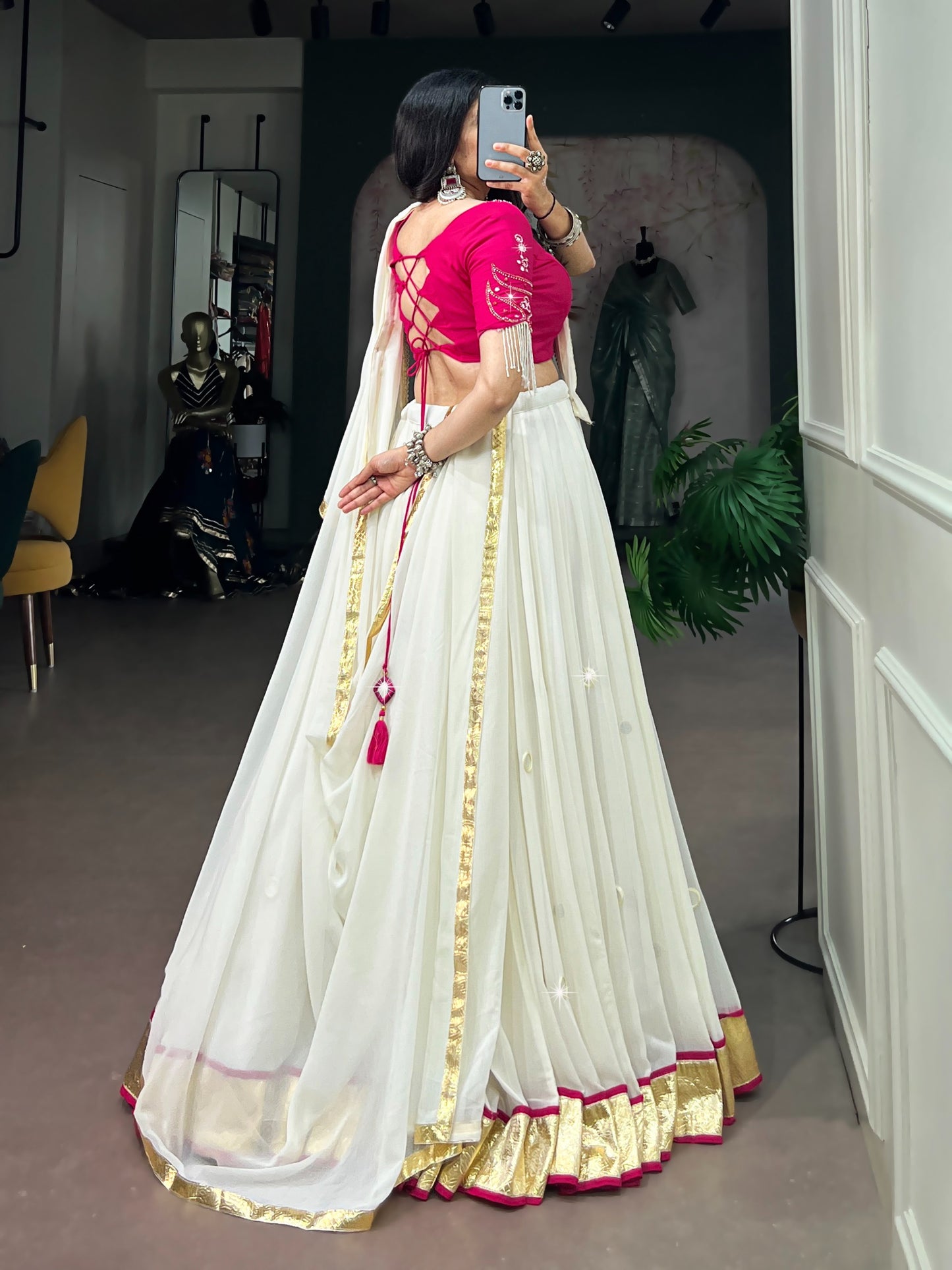 Women's Lehenga Choli in Off White Lightweight Fabric with Real Mirror Work