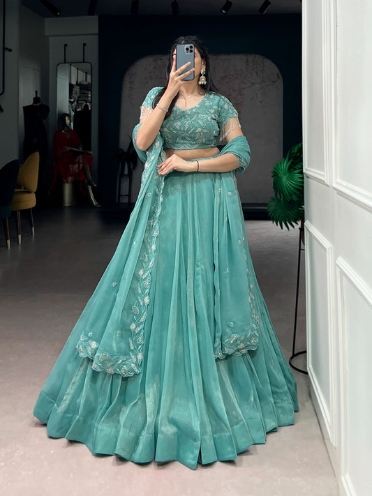 Women's Lehenga Choli in Aqua Blue Gold Coin Fabric with Beads and Thread Embroidery