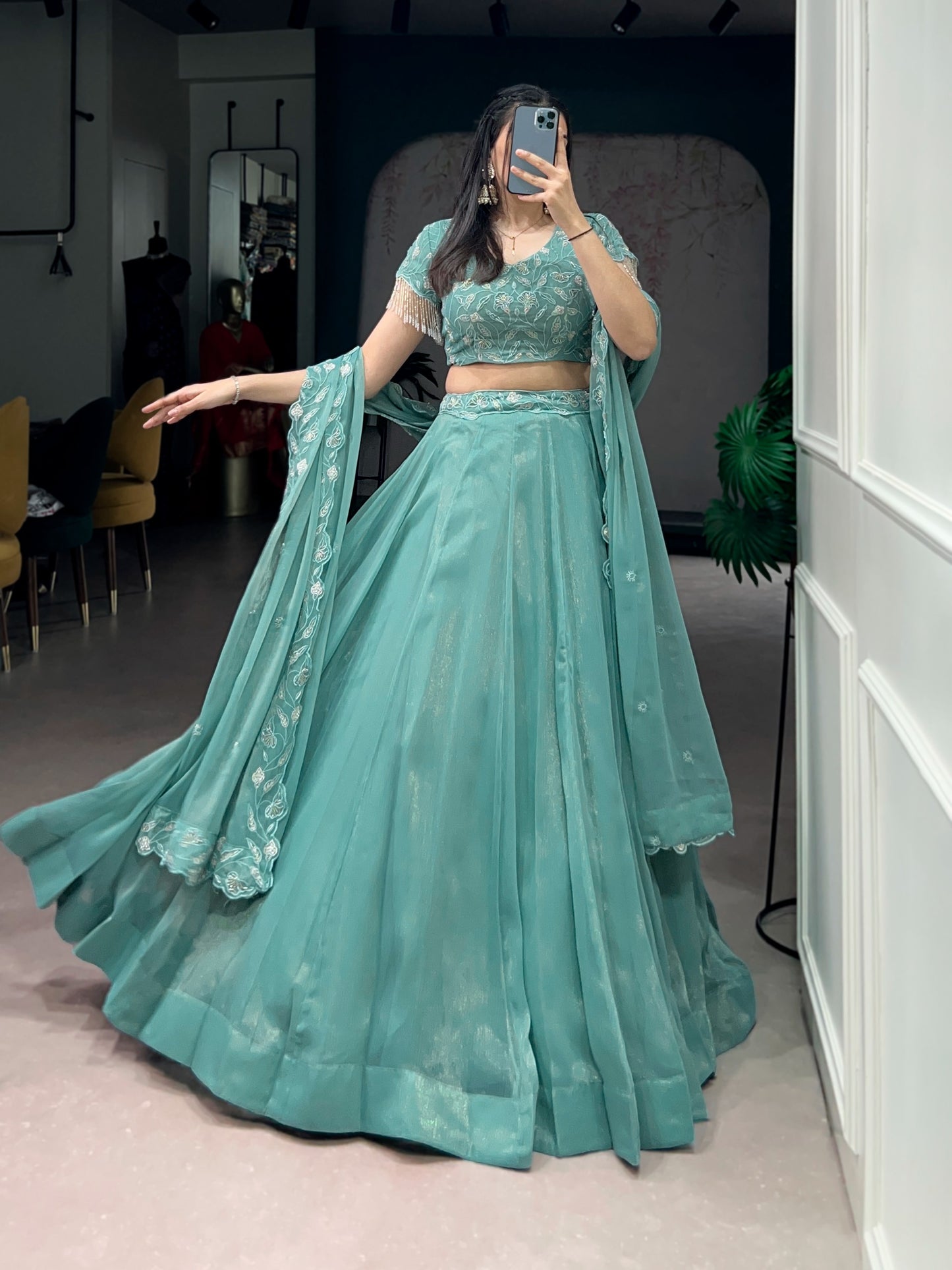 Women's Lehenga Choli in Aqua Blue Gold Coin Fabric with Beads and Thread Embroidery