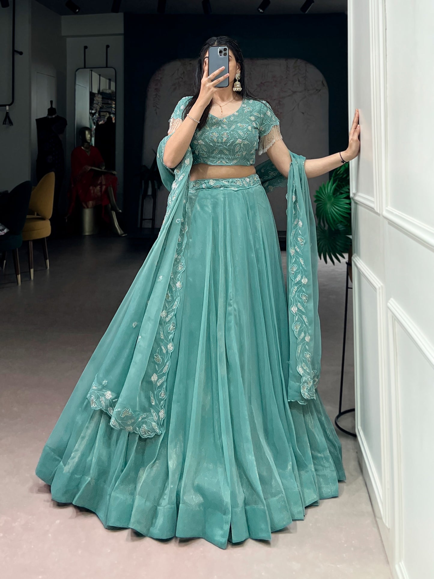 Women's Lehenga Choli in Aqua Blue Gold Coin Fabric with Beads and Thread Embroidery