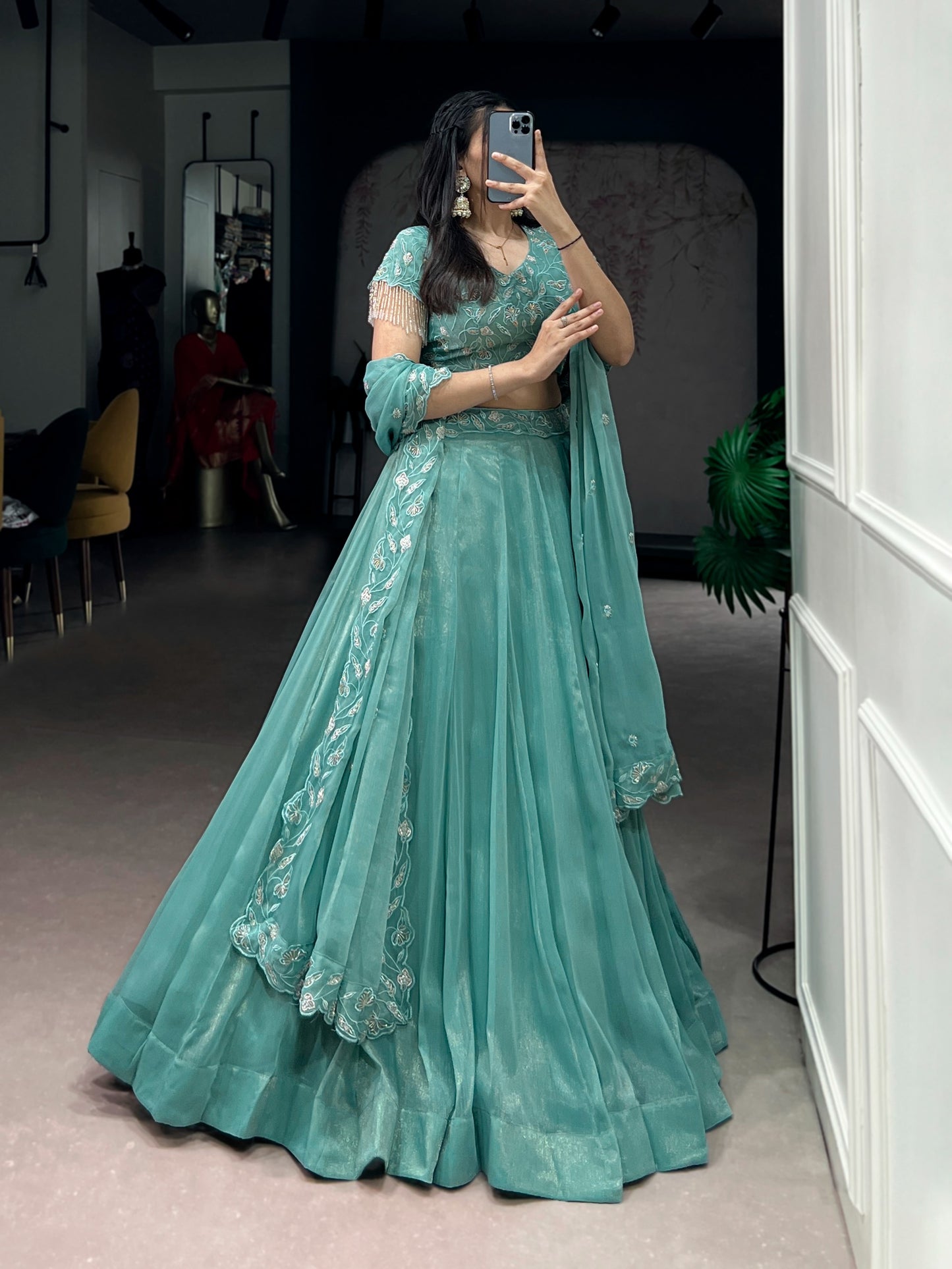 Women's Lehenga Choli in Aqua Blue Gold Coin Fabric with Beads and Thread Embroidery