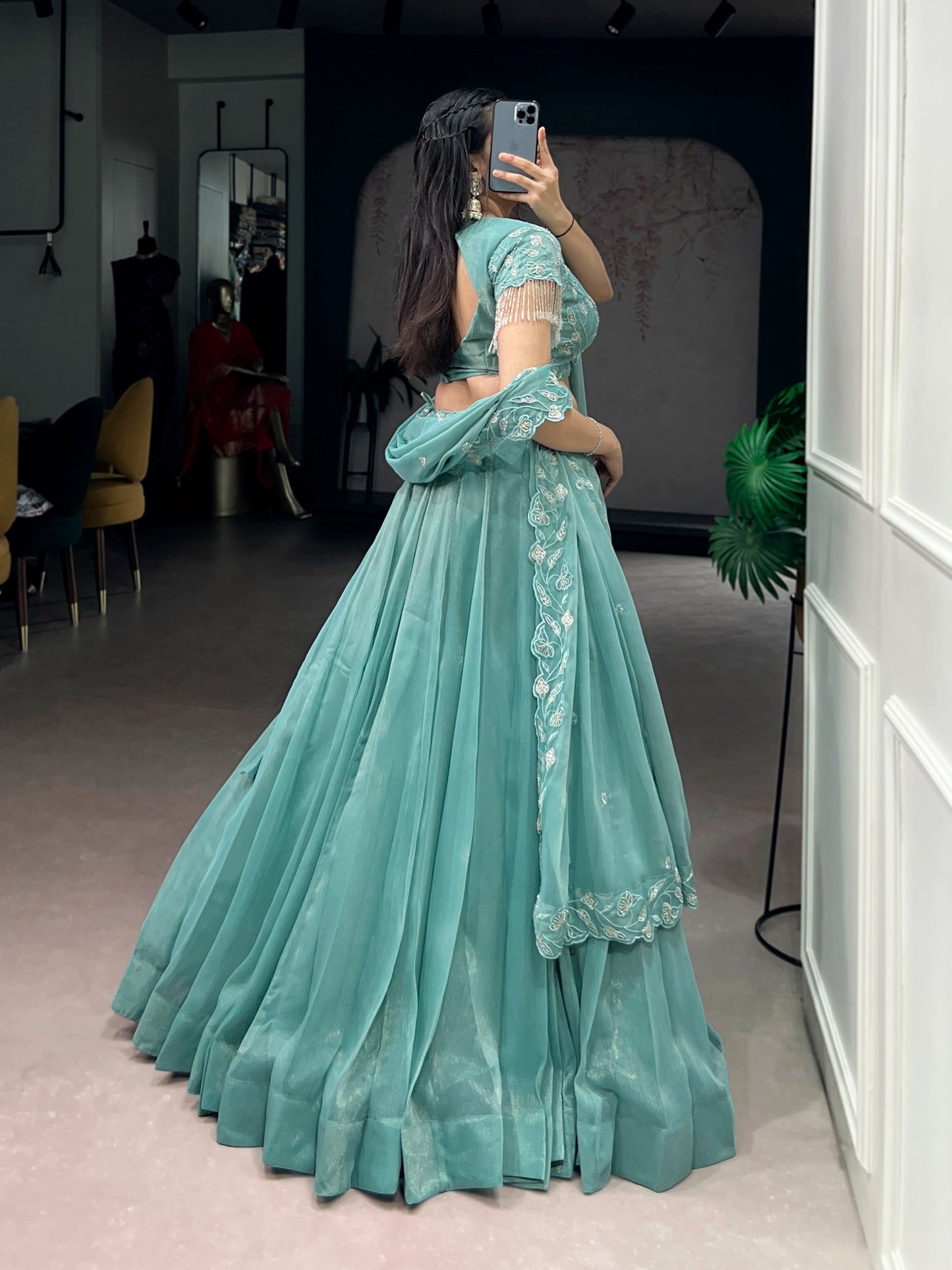 Women's Lehenga Choli in Aqua Blue Gold Coin Fabric with Beads and Thread Embroidery