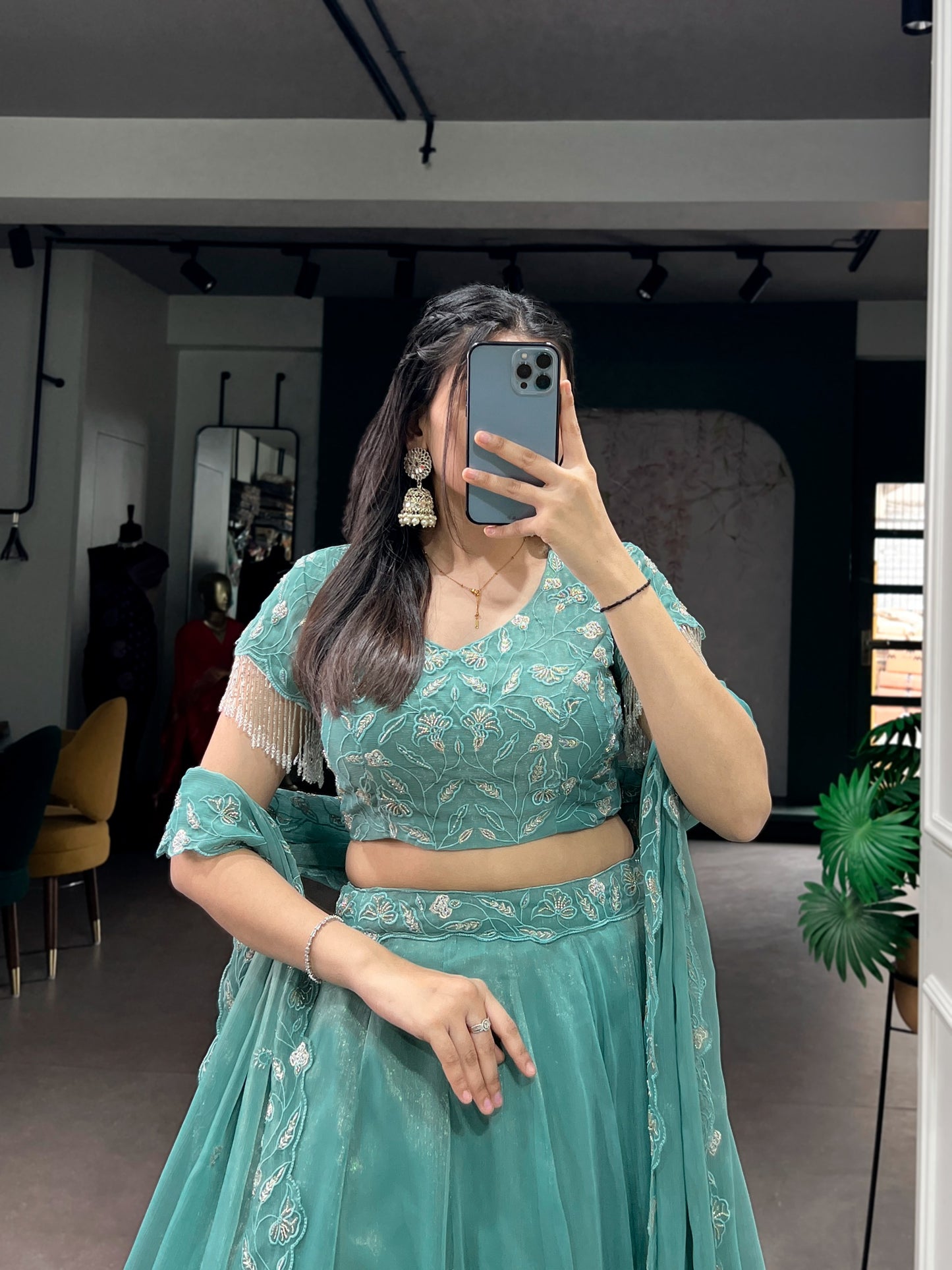 Women's Lehenga Choli in Aqua Blue Gold Coin Fabric with Beads and Thread Embroidery