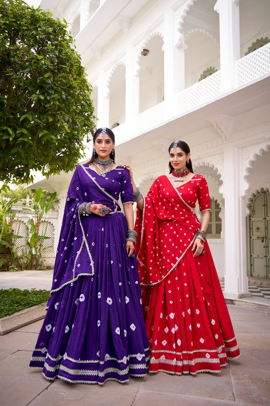 Women's Lehenga Choli Catalog Set in Assorted Colors Pure Chanderi with Bandhej Print and Lace Detailing
