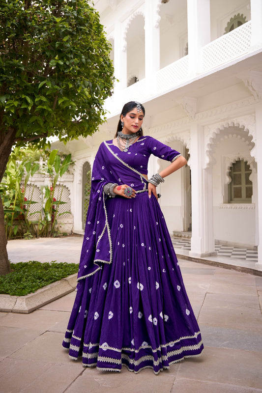 Women's Lehenga Choli Catalog Set in Assorted Colors Pure Chanderi with Bandhej Print and Lace Detailing