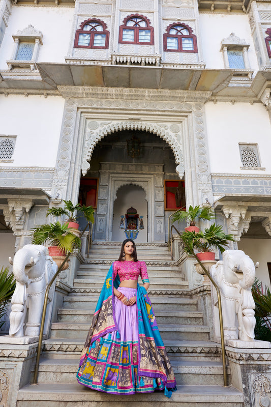 Women's Lehenga Choli in Assorted Colors Tussar Silk with Kalamkari Print and Foil Work