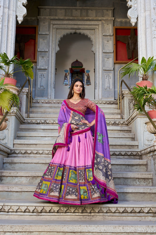 Women's Lehenga Choli in Assorted Colors Tussar Silk with Kalamkari Print and Foil Work