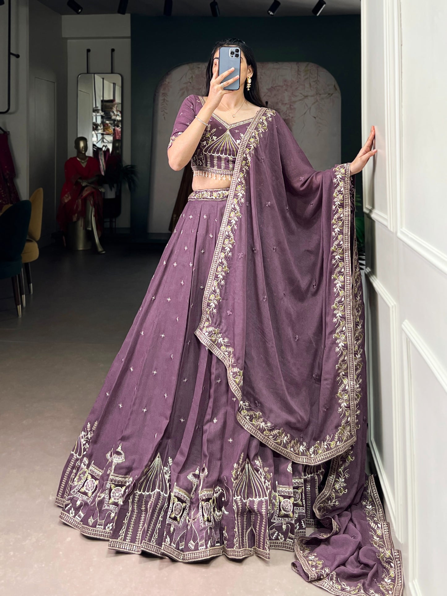 Women's Lehenga in Dusty Mauve Chocolate Crush with Sequins and Thread Embroidery