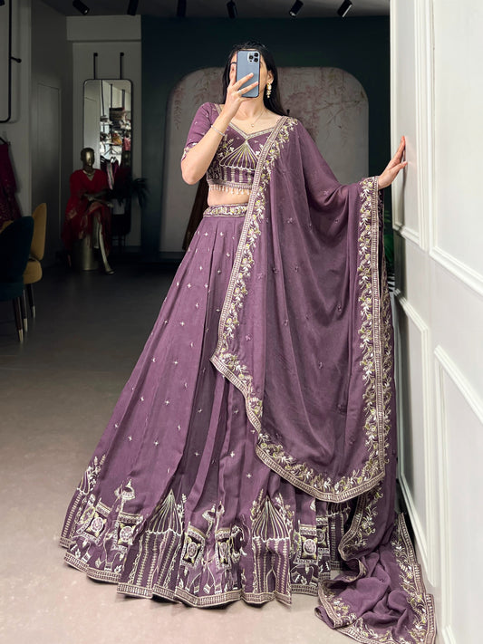 Women's Lehenga in Dusty Mauve Chocolate Crush with Sequins and Thread Embroidery