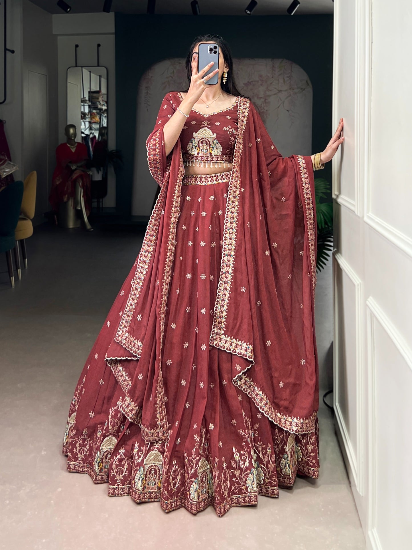 Women's Lehenga in Dusty Mauve Chocolate Crush with Sequins and Thread Embroidery