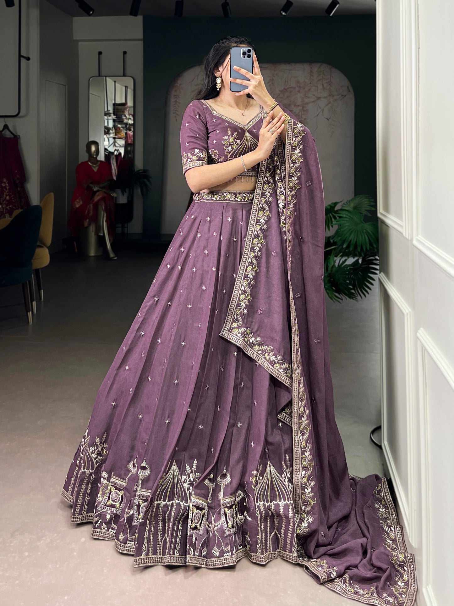 Women's Lehenga in Dusty Mauve Chocolate Crush with Sequins and Thread Embroidery