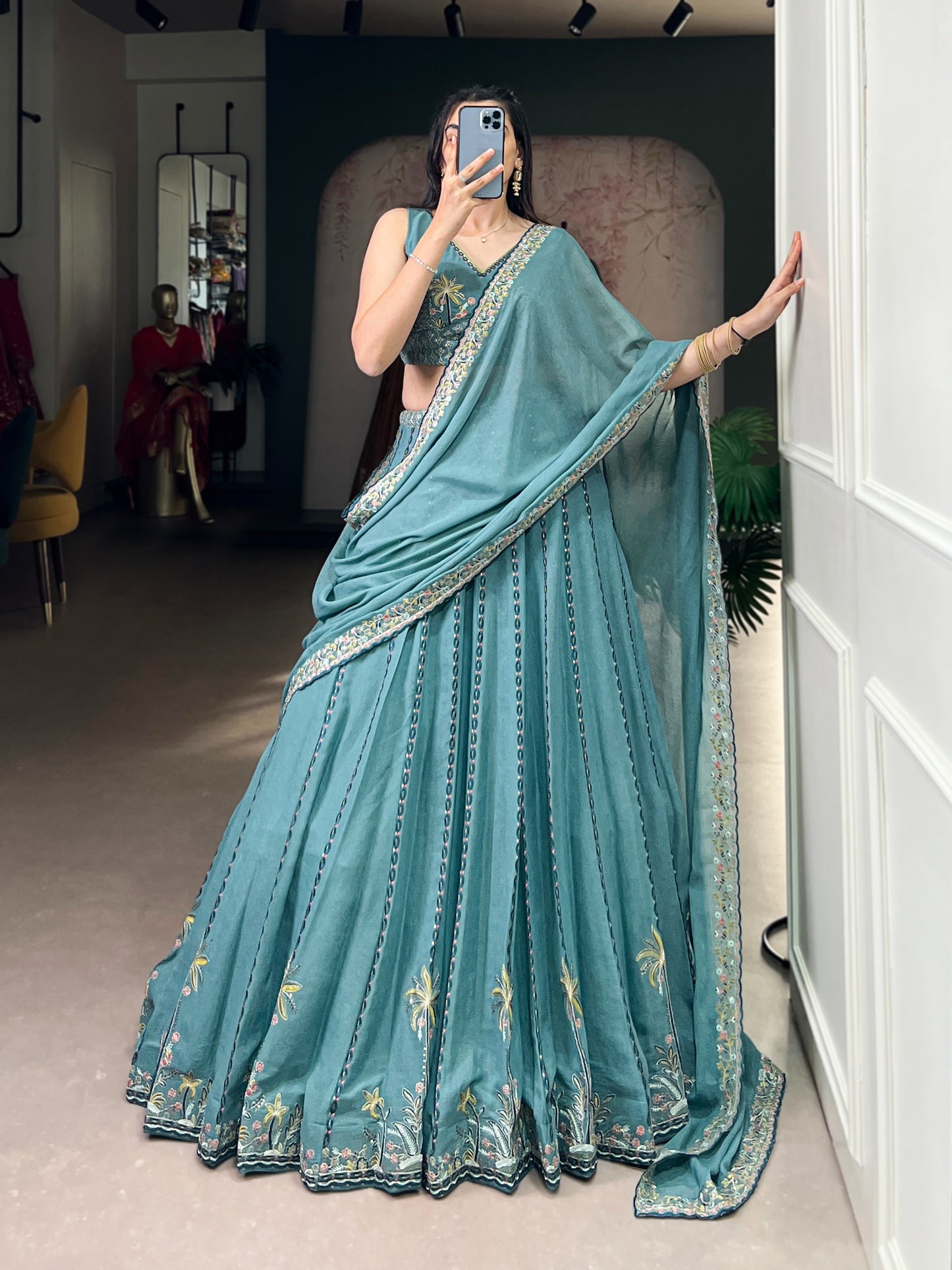 Women's Lehenga in Dusty Mauve Chocolate Crush with Sequins and Thread Embroidery