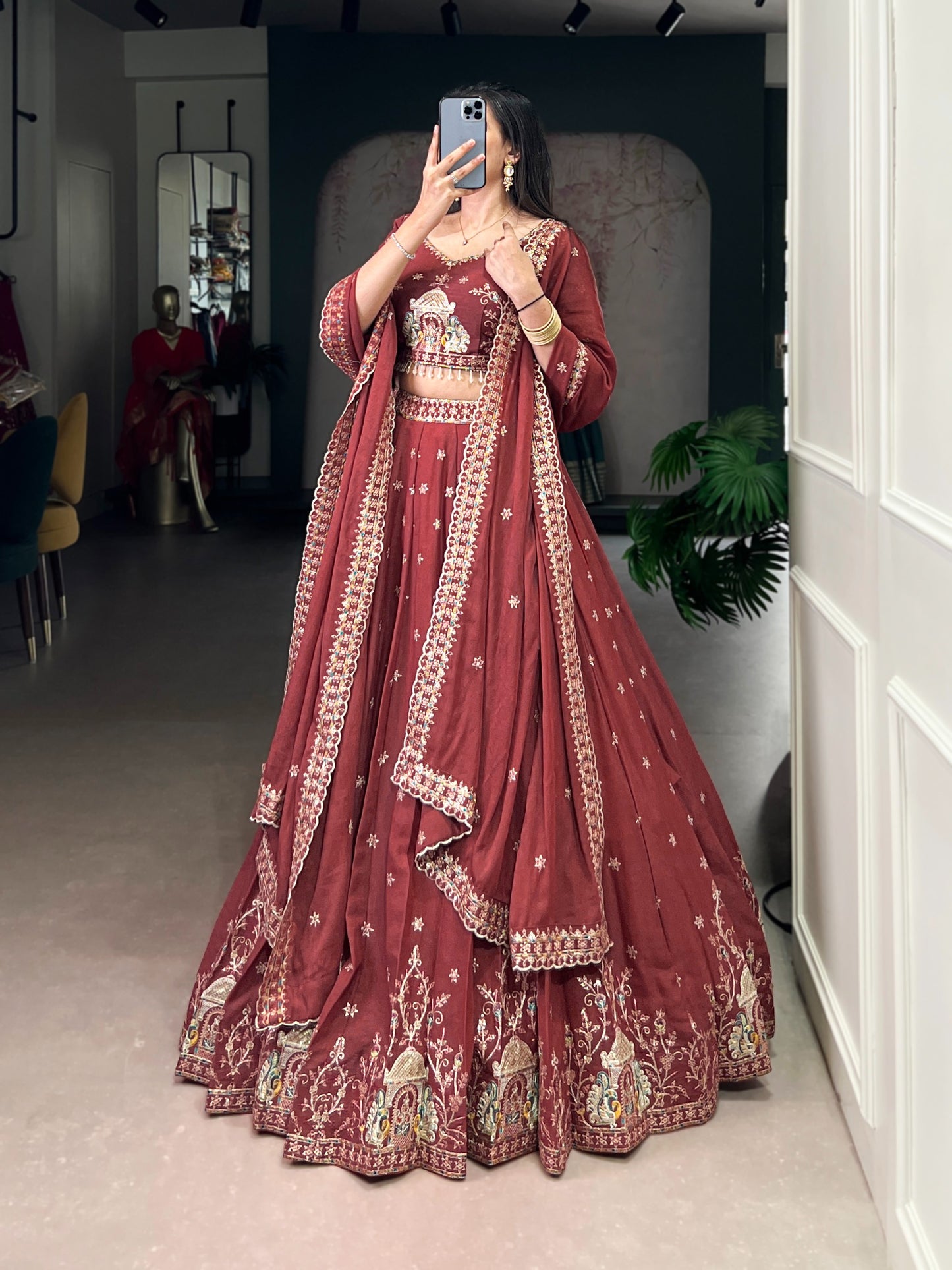 Women's Lehenga in Dusty Mauve Chocolate Crush with Sequins and Thread Embroidery