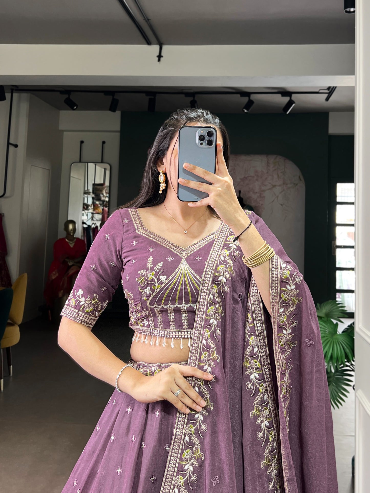 Women's Lehenga in Dusty Mauve Chocolate Crush with Sequins and Thread Embroidery