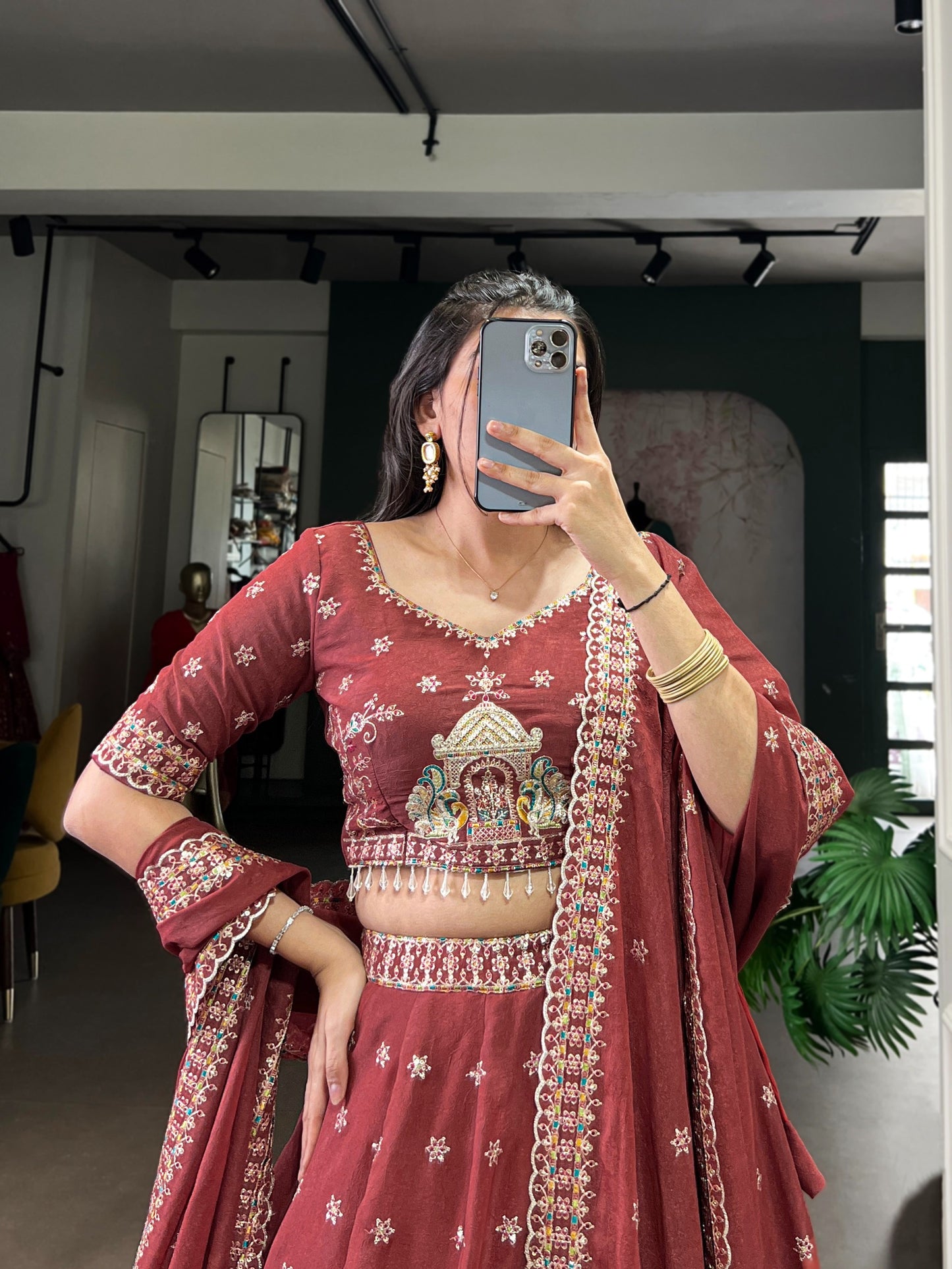 Women's Lehenga in Dusty Mauve Chocolate Crush with Sequins and Thread Embroidery