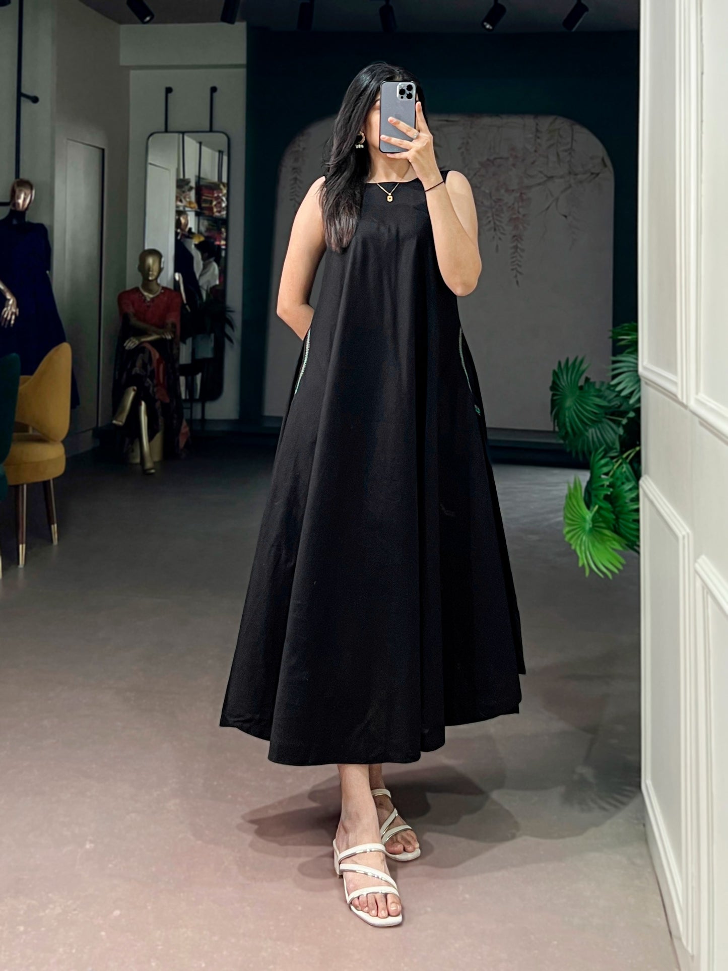 Women's A-Line Dress in Black Premium Khadi Cotton with Thread Detailing and Side Pockets