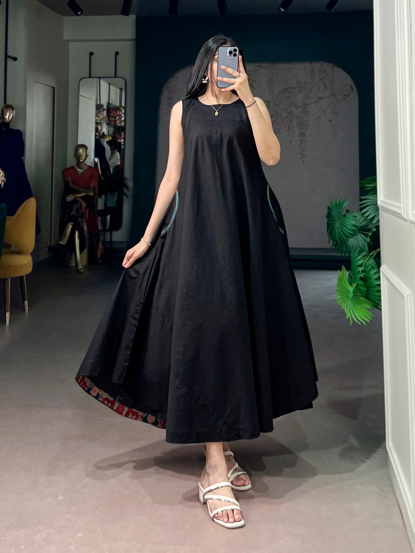 Women's A-Line Dress in Black Premium Khadi Cotton with Thread Detailing and Side Pockets