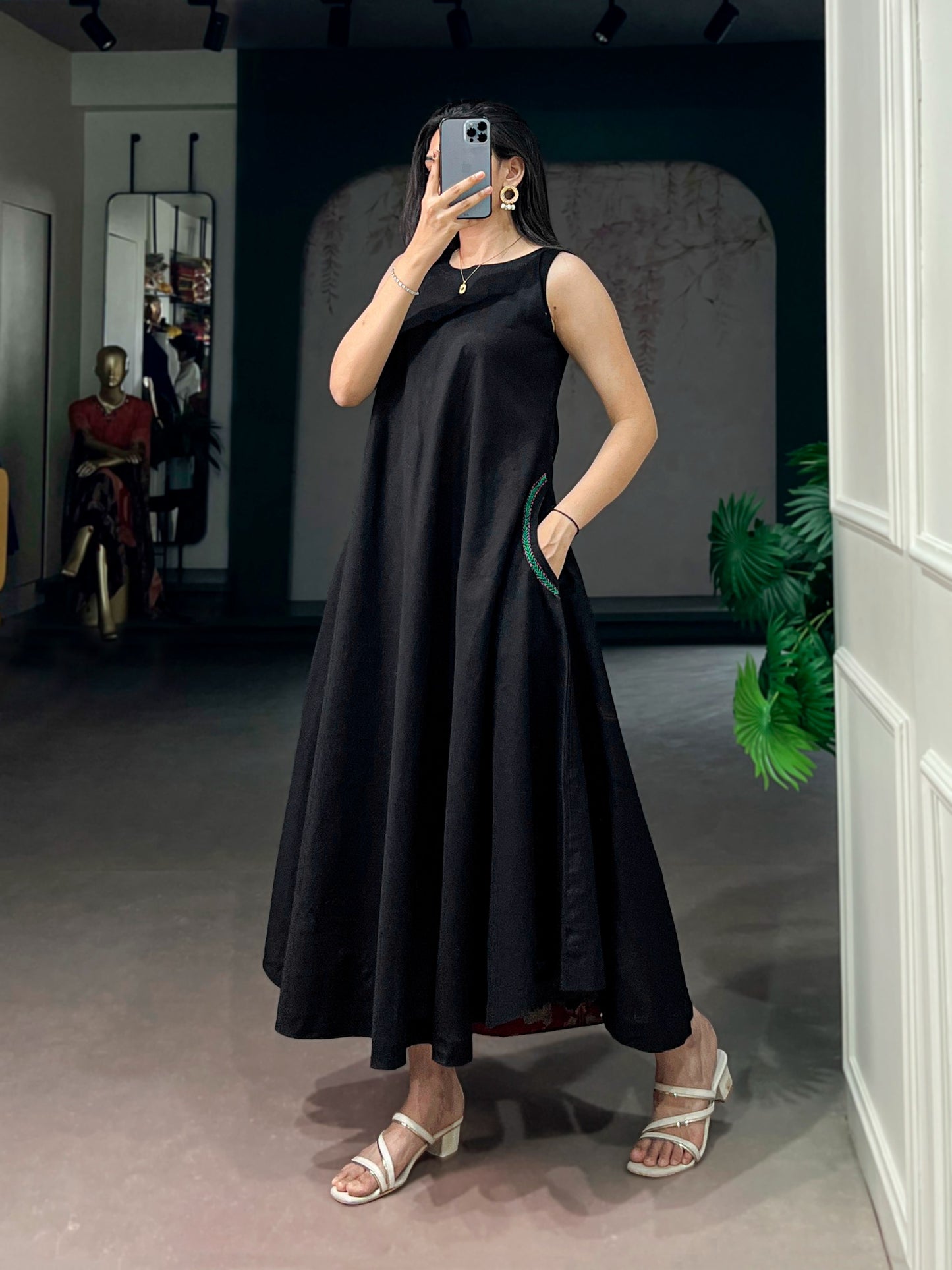 Women's A-Line Dress in Black Premium Khadi Cotton with Thread Detailing and Side Pockets