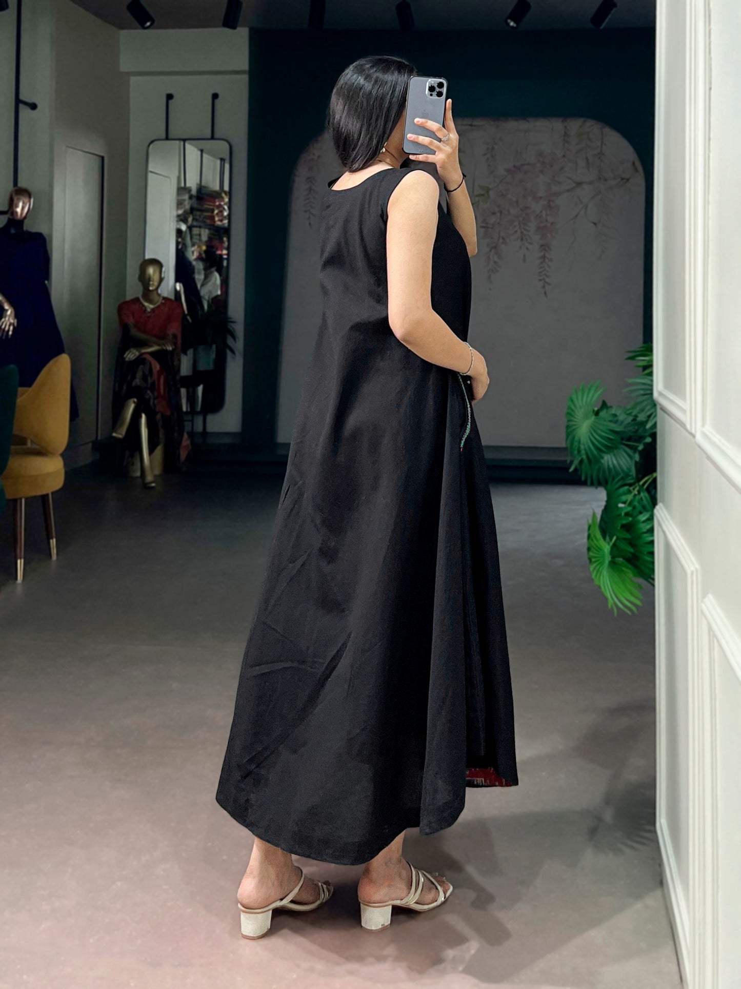 Women's A-Line Dress in Black Premium Khadi Cotton with Thread Detailing and Side Pockets