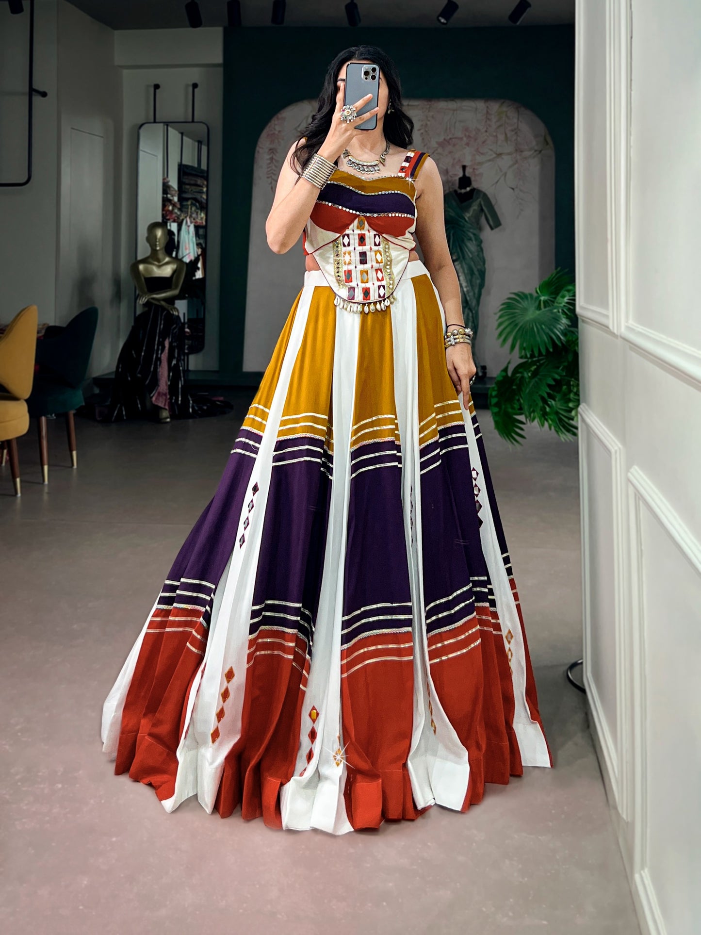 Women's Lehenga Choli in Multi-Color Soft Rayon with Mirror Work and Gota Patti Lace