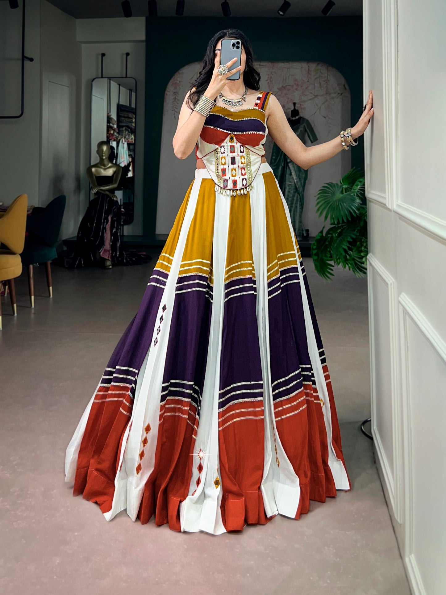 Women's Lehenga Choli in Multi-Color Soft Rayon with Mirror Work and Gota Patti Lace
