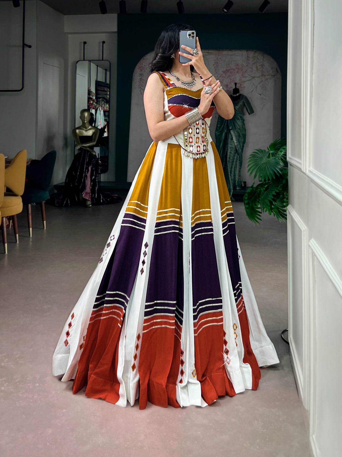 Women's Lehenga Choli in Multi-Color Soft Rayon with Mirror Work and Gota Patti Lace