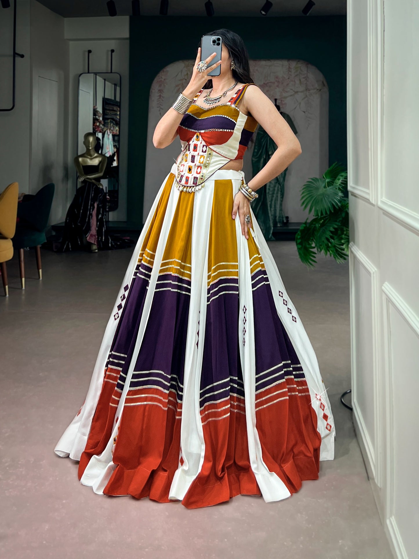Women's Lehenga Choli in Multi-Color Soft Rayon with Mirror Work and Gota Patti Lace