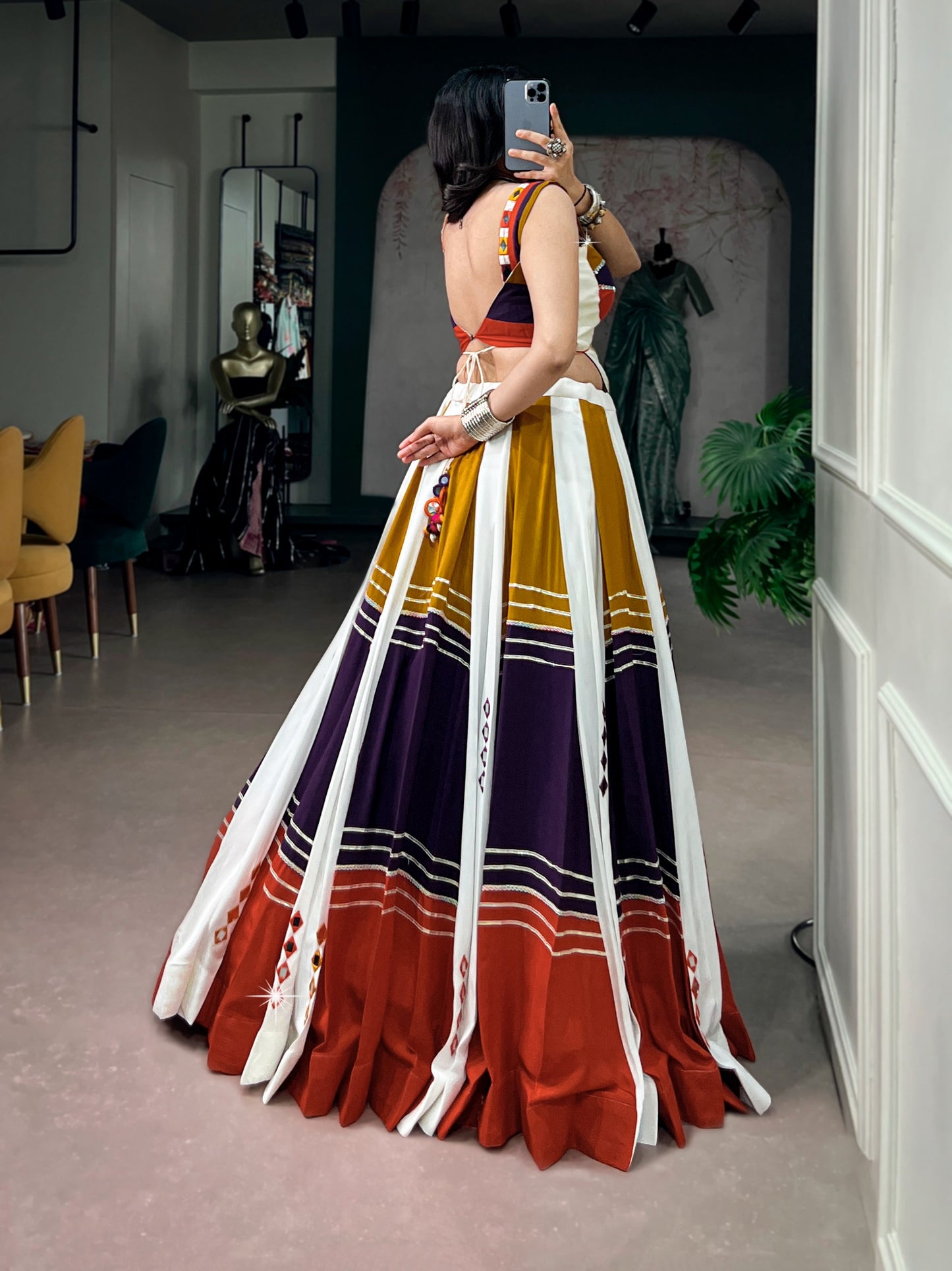 Women's Lehenga Choli in Multi-Color Soft Rayon with Mirror Work and Gota Patti Lace