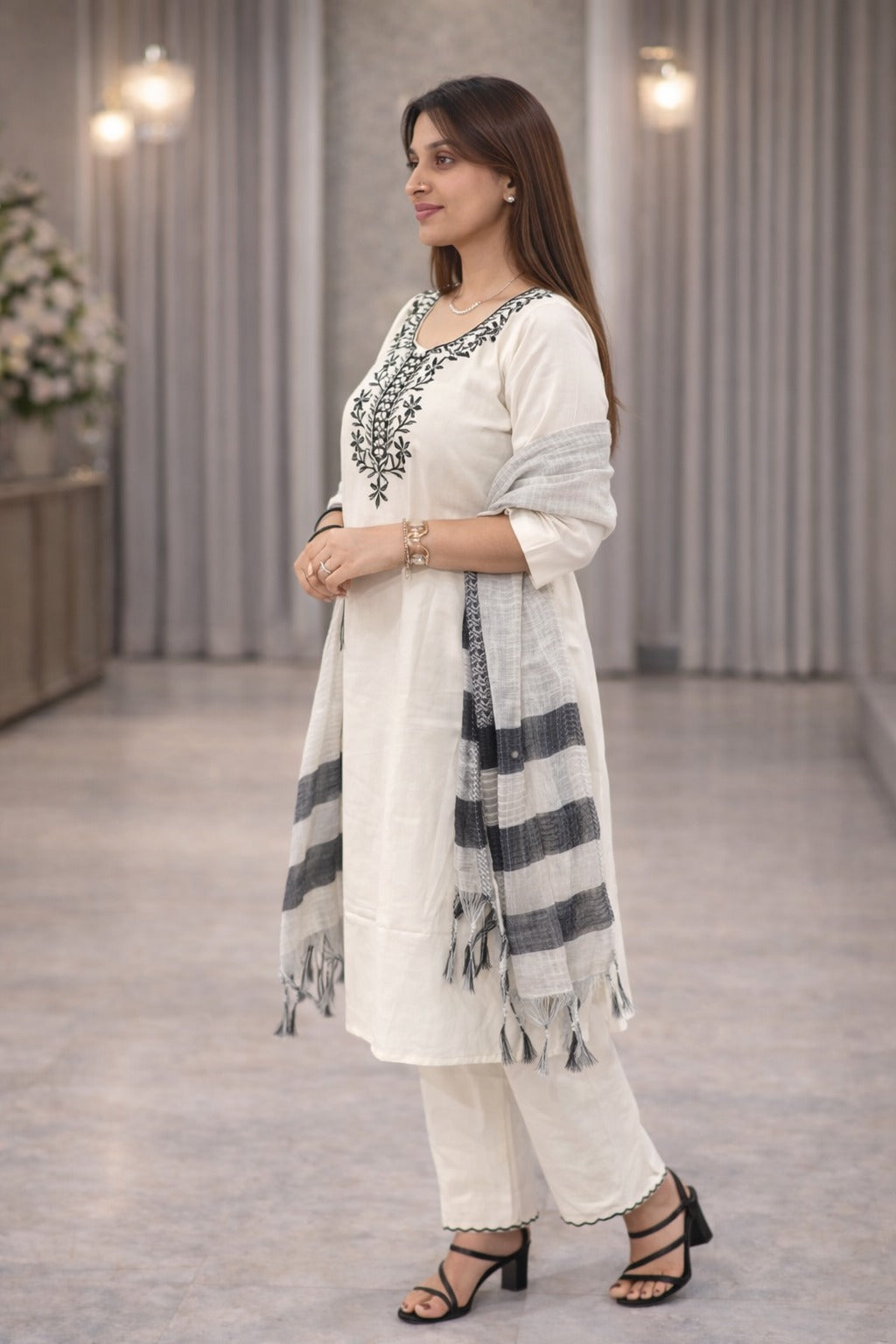Women's Kurta Set in Cream Khadi Cotton with Black Floral Embroidery
